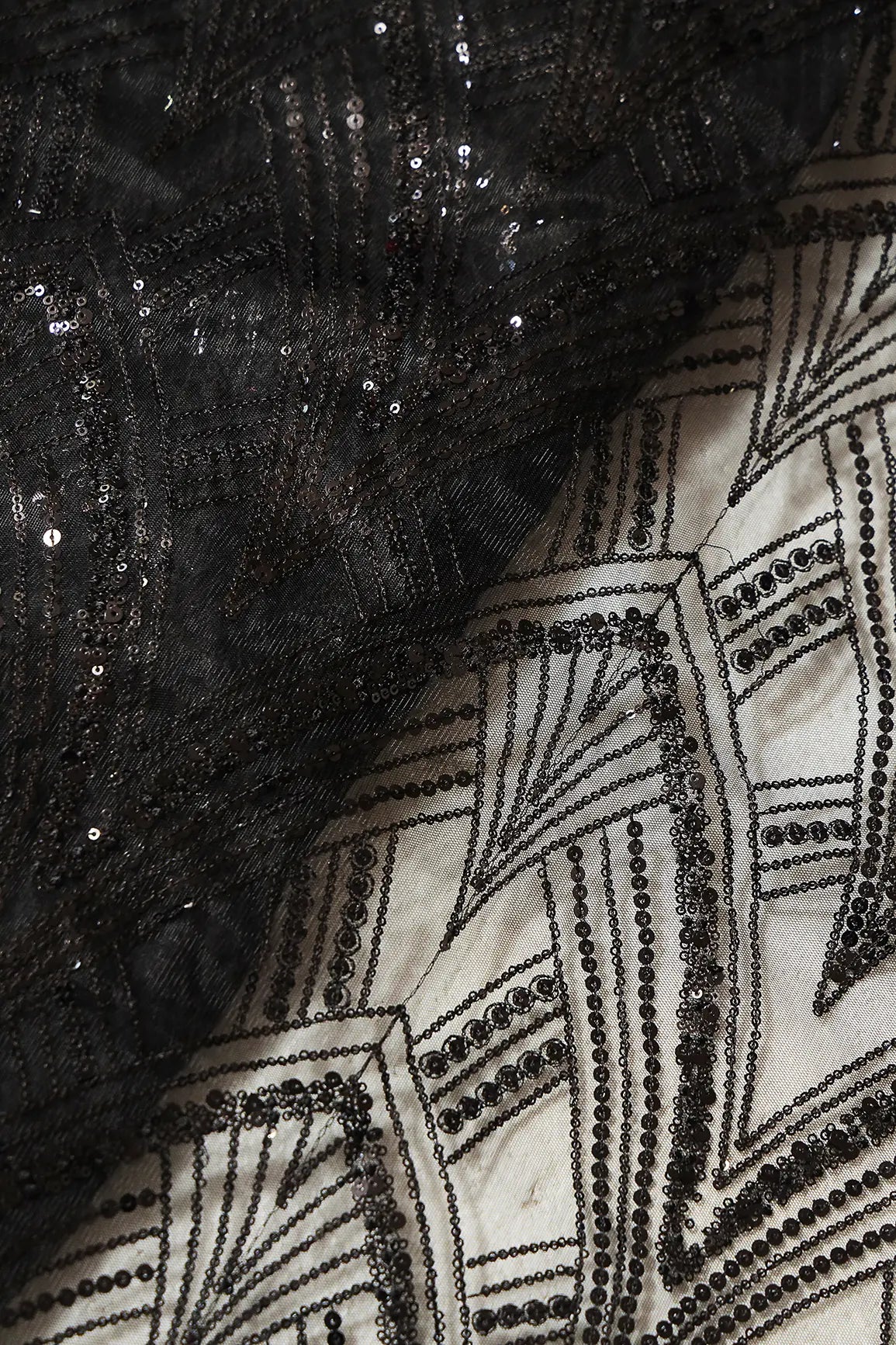 Black Thread With Sequins Geometric Embroidery Work On Black Soft Net Fabric