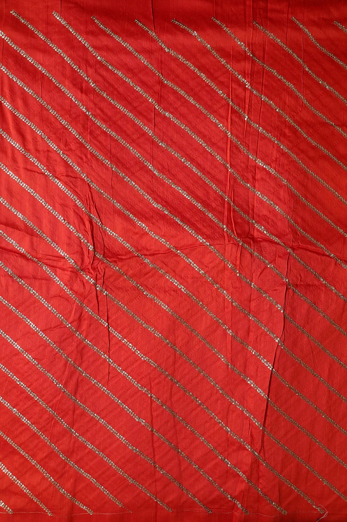 Gold Sequins With Gold Zari Stripes Embroidery Work On Dark Orange Raw Silk Fabric