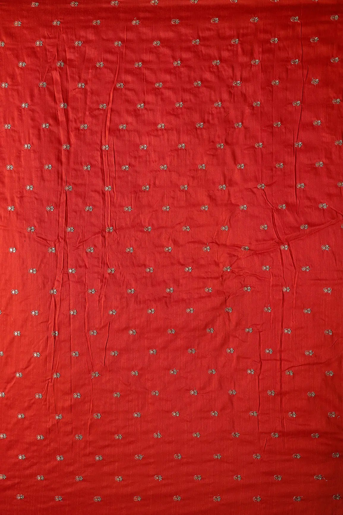 Orange Thread With Gold Sequins Small Floral Booti Embroidery On Orange Raw Silk Fabric