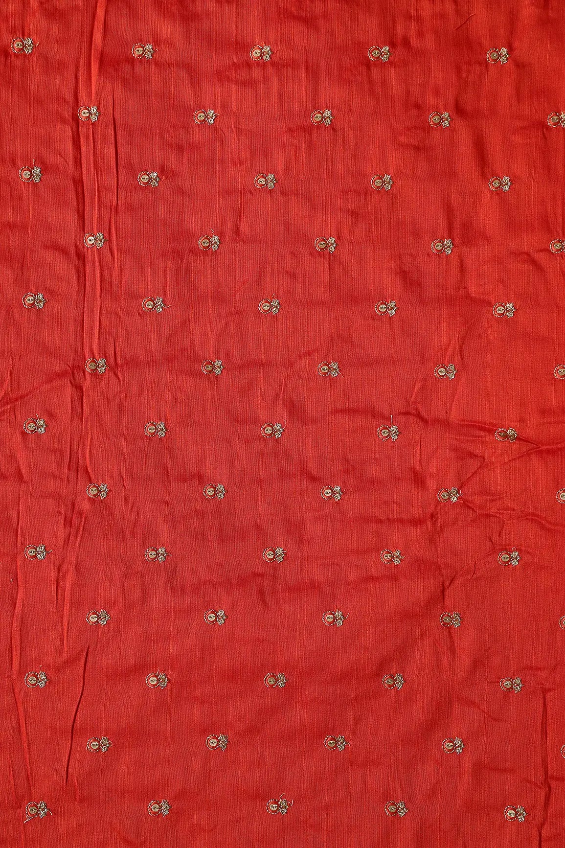 Orange Thread With Gold Sequins Small Floral Booti Embroidery On Orange Raw Silk Fabric