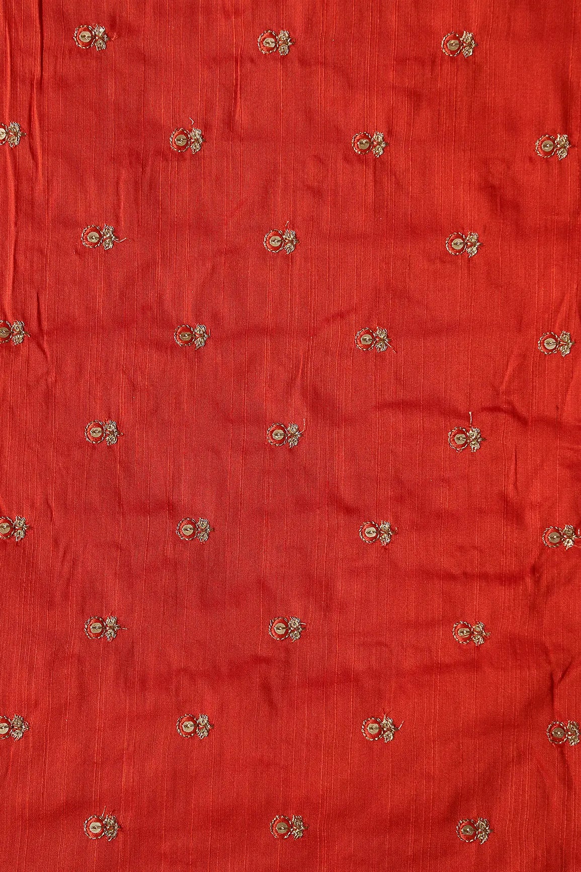 Orange Thread With Gold Sequins Small Floral Booti Embroidery On Orange Raw Silk Fabric