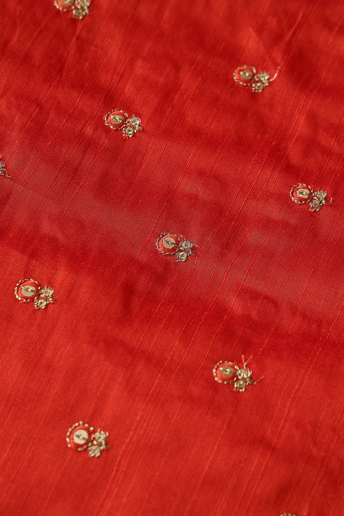 Orange Thread With Gold Sequins Small Floral Booti Embroidery On Orange Raw Silk Fabric