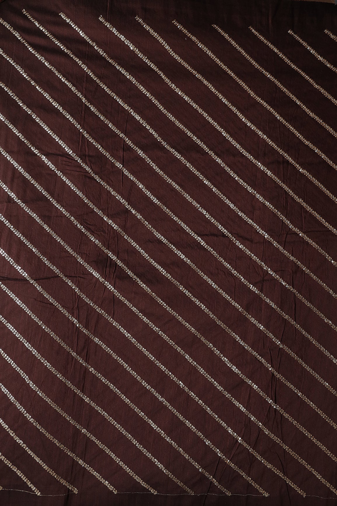 Gold Sequins With Gold Zari Stripes Embroidery Work On Brown Raw Silk Fabric