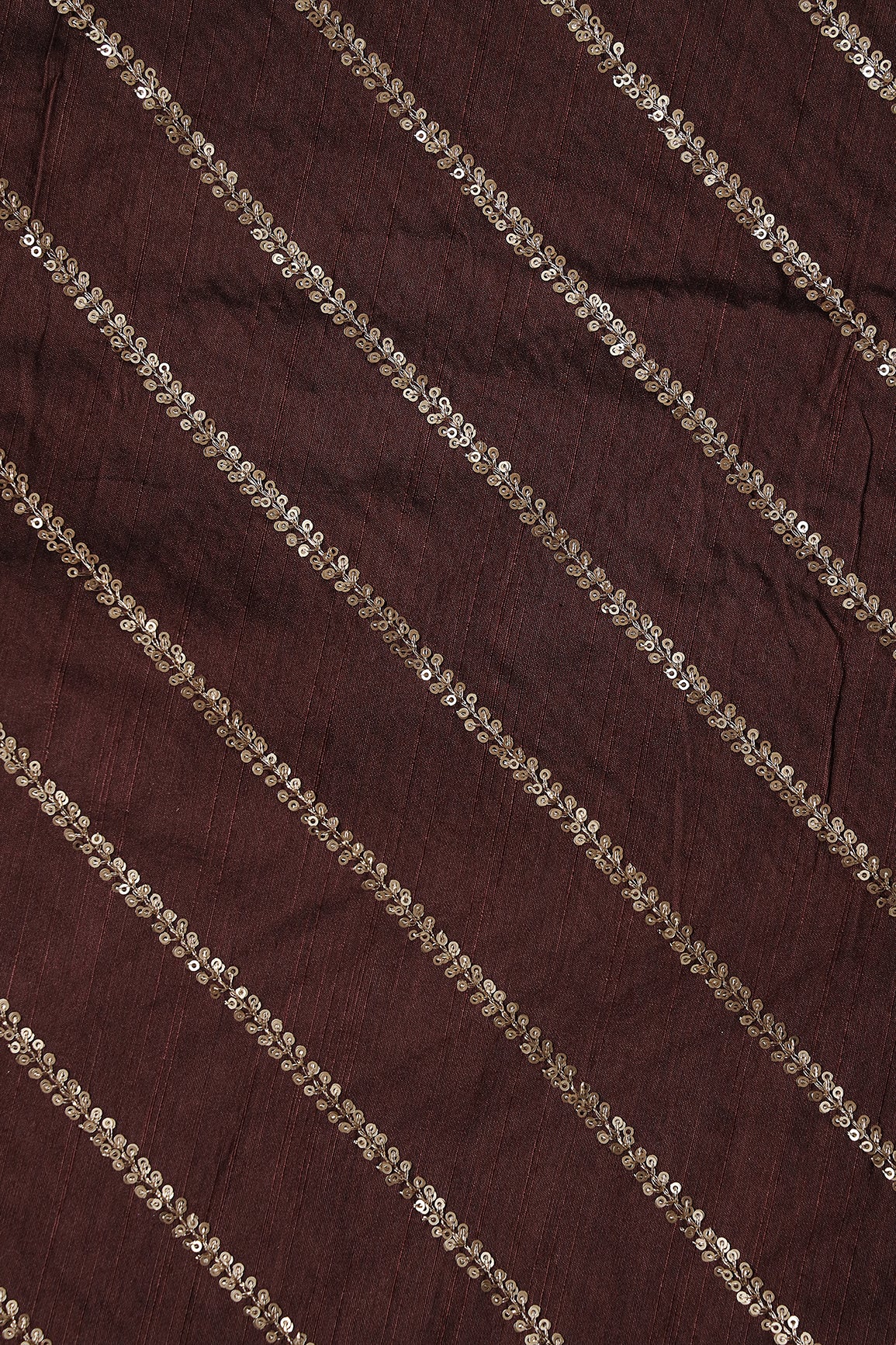 Gold Sequins With Gold Zari Stripes Embroidery Work On Brown Raw Silk Fabric