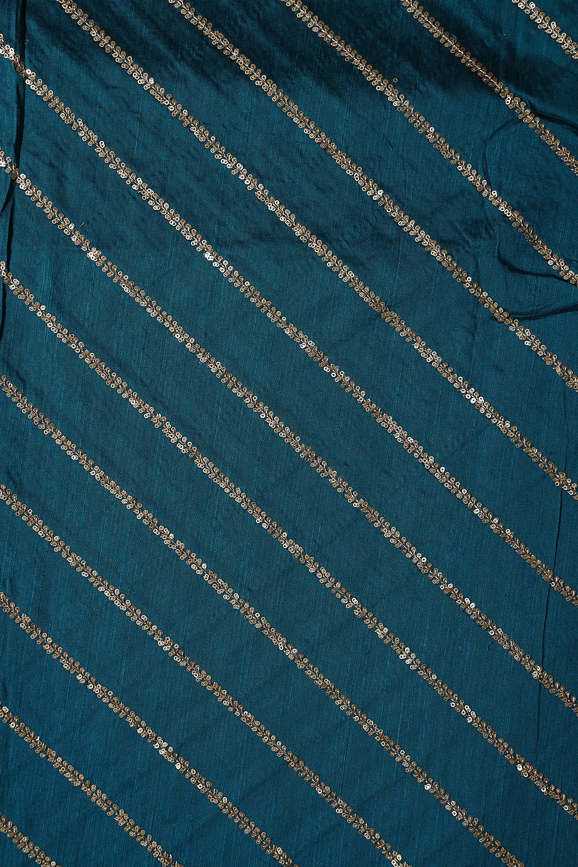 Gold Sequins With Gold Zari Stripes Embroidery Work On Rama Raw Silk Fabric