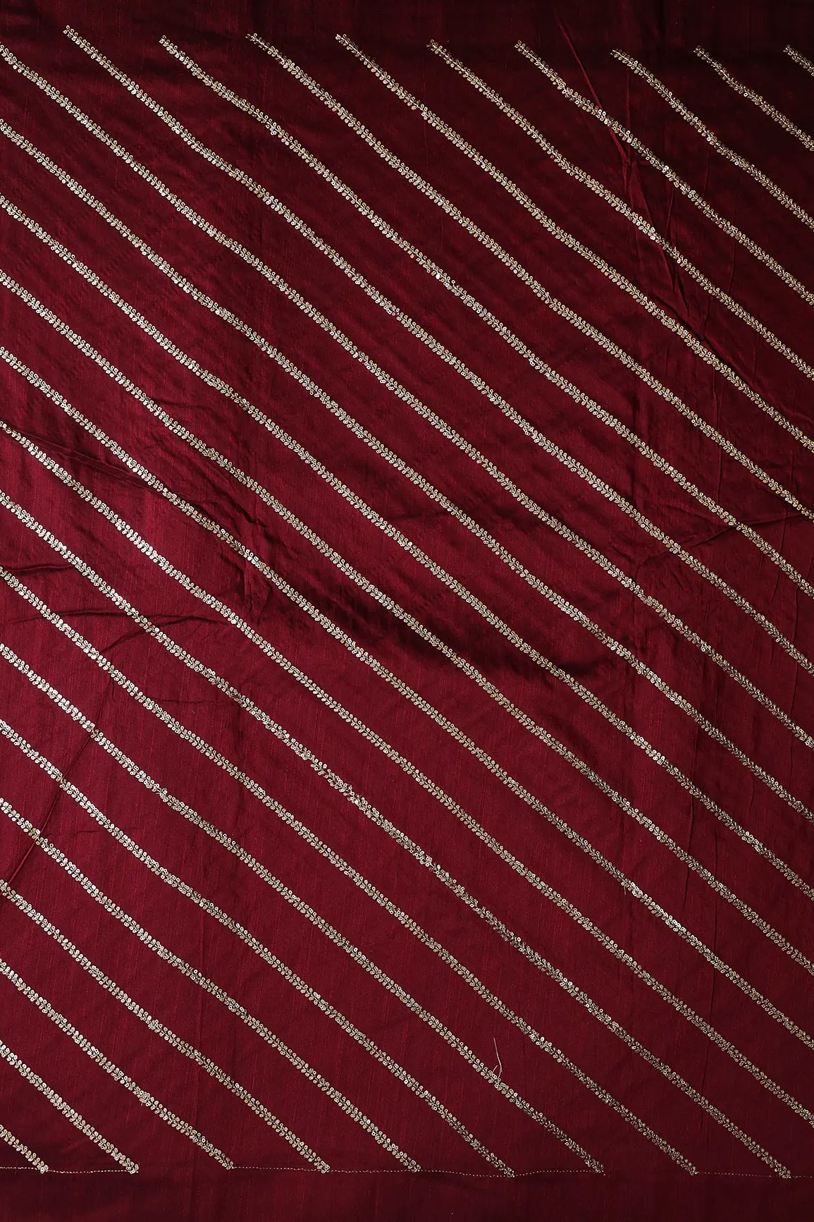 Gold Sequins With Gold Zari Stripes Embroidery Work On Dark Maroon Raw Silk Fabric