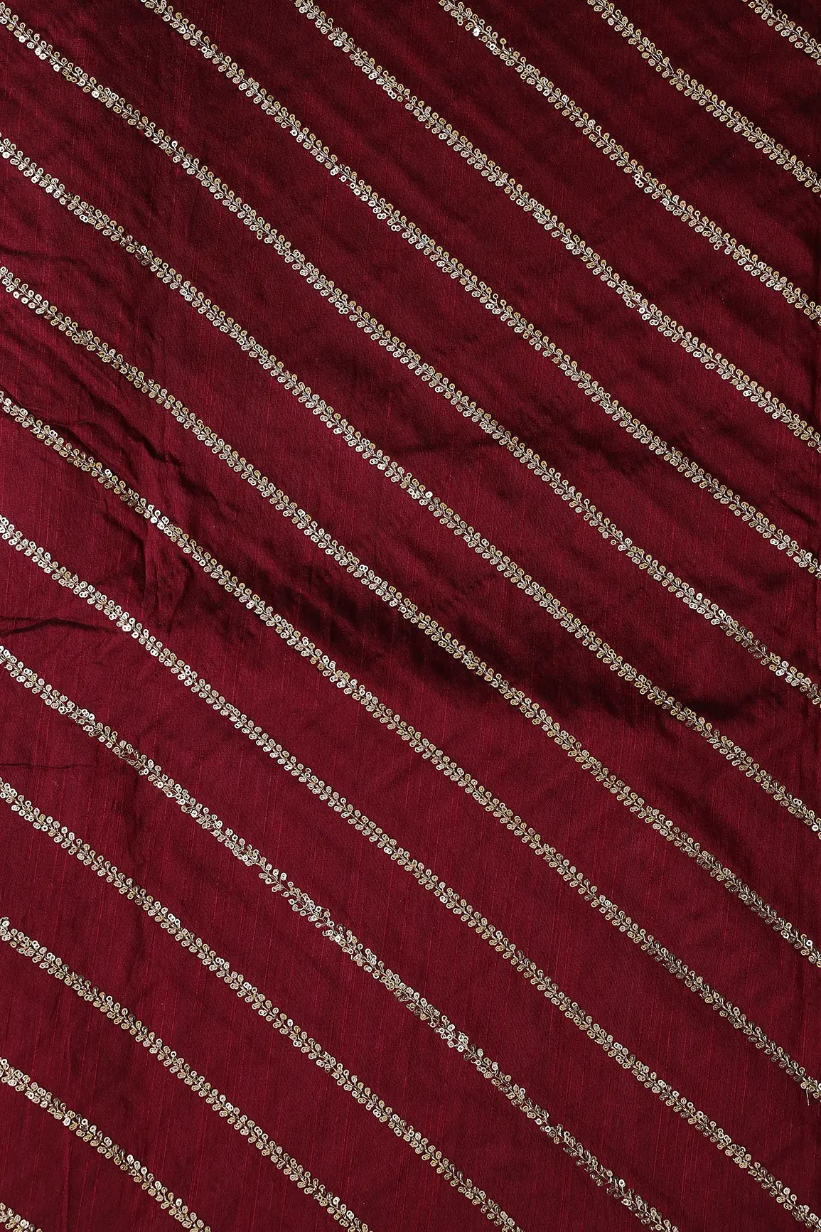 Gold Sequins With Gold Zari Stripes Embroidery Work On Dark Maroon Raw Silk Fabric