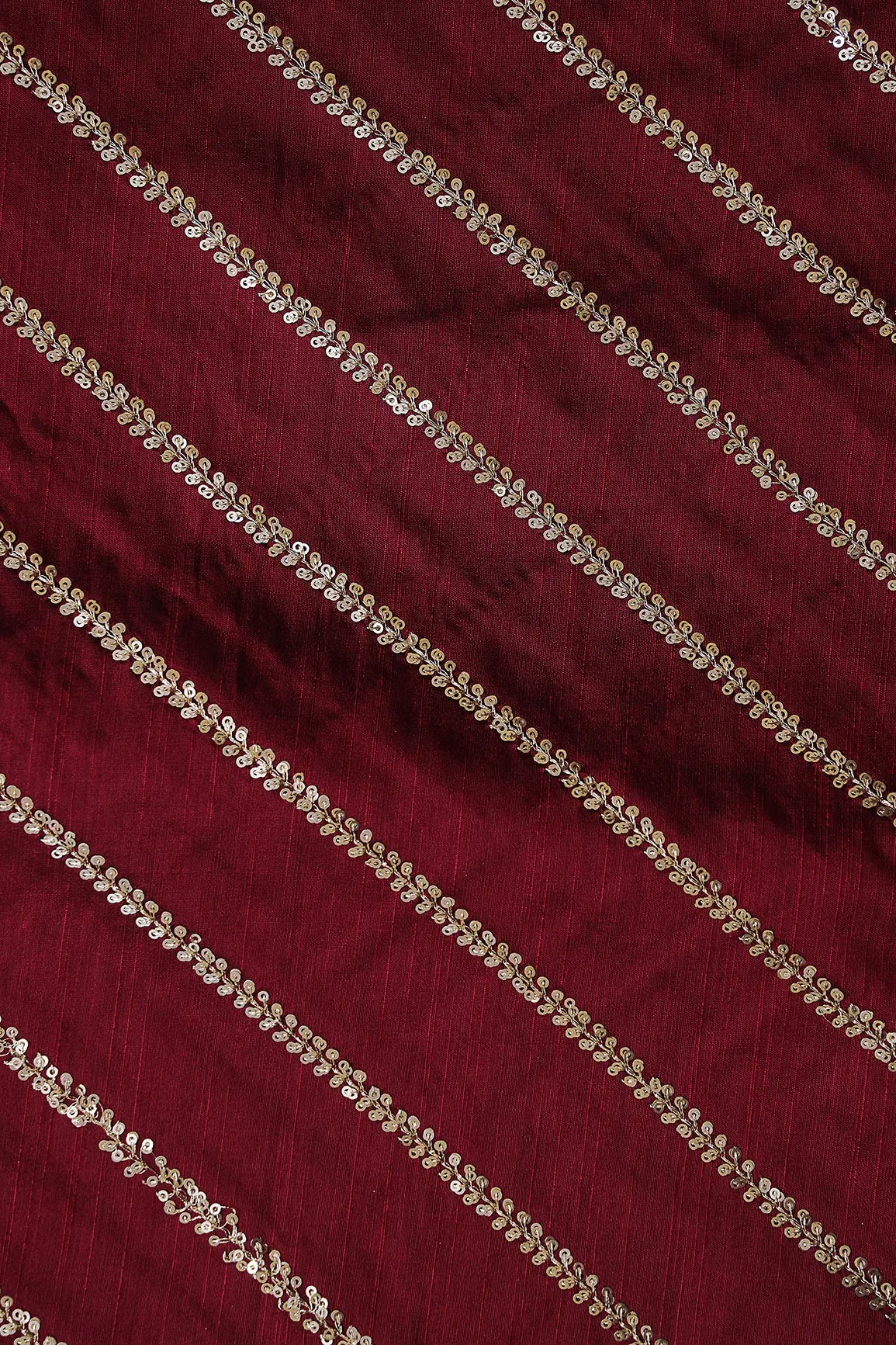 Gold Sequins With Gold Zari Stripes Embroidery Work On Dark Maroon Raw Silk Fabric