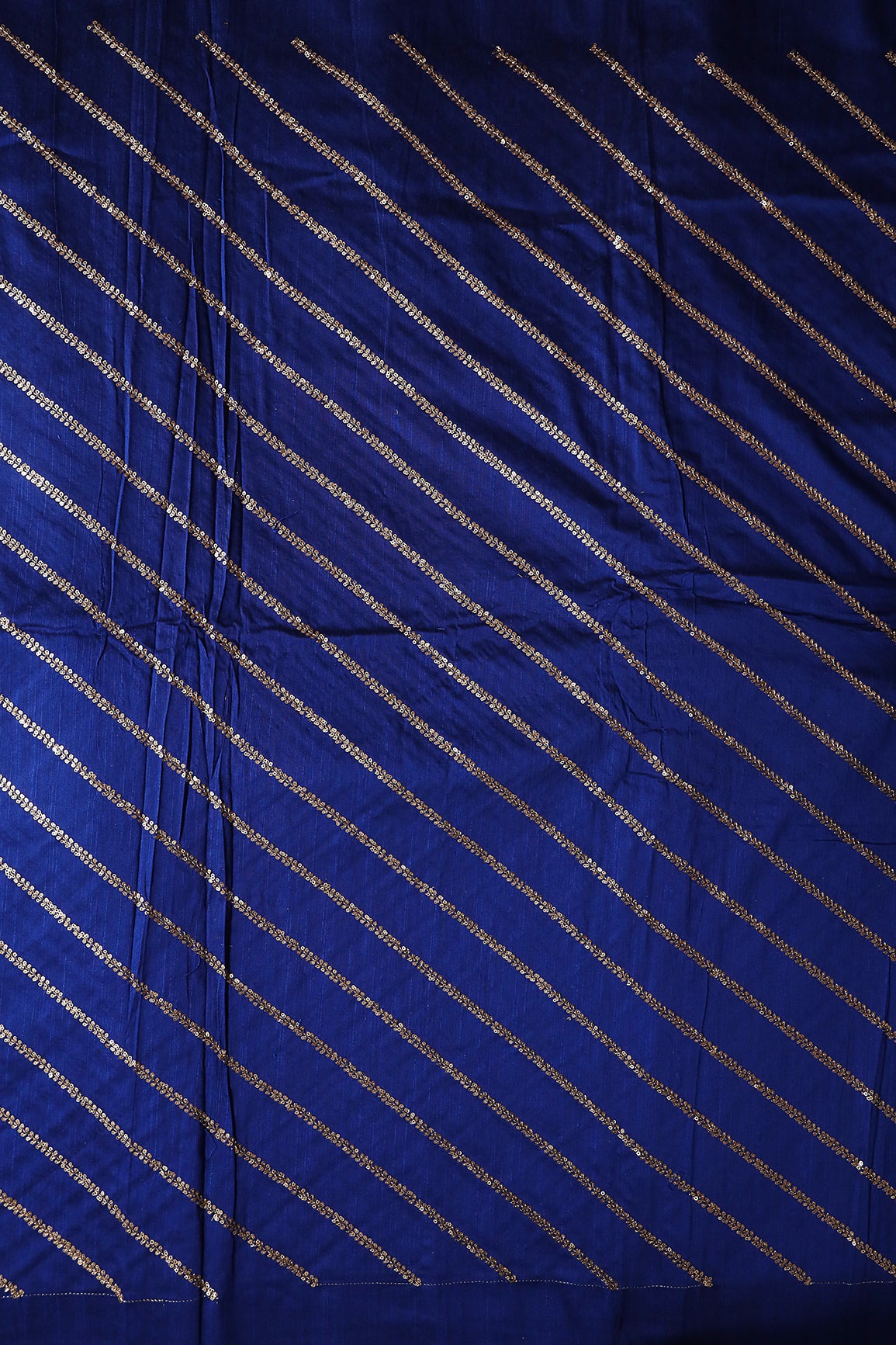 Gold Sequins With Gold Zari Stripes Embroidery Work On Royal Blue Raw Silk Fabric