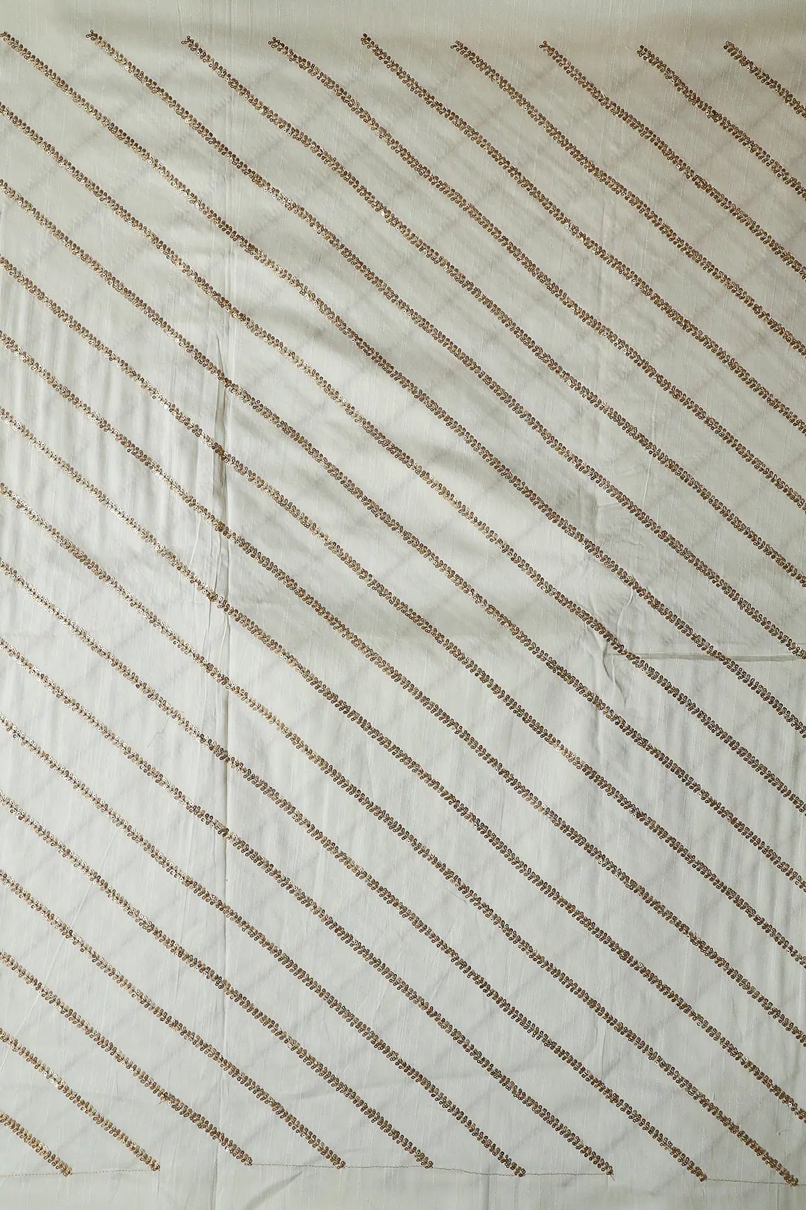 Gold Sequins With Gold Zari Stripes Embroidery Work On White Raw Silk Fabric