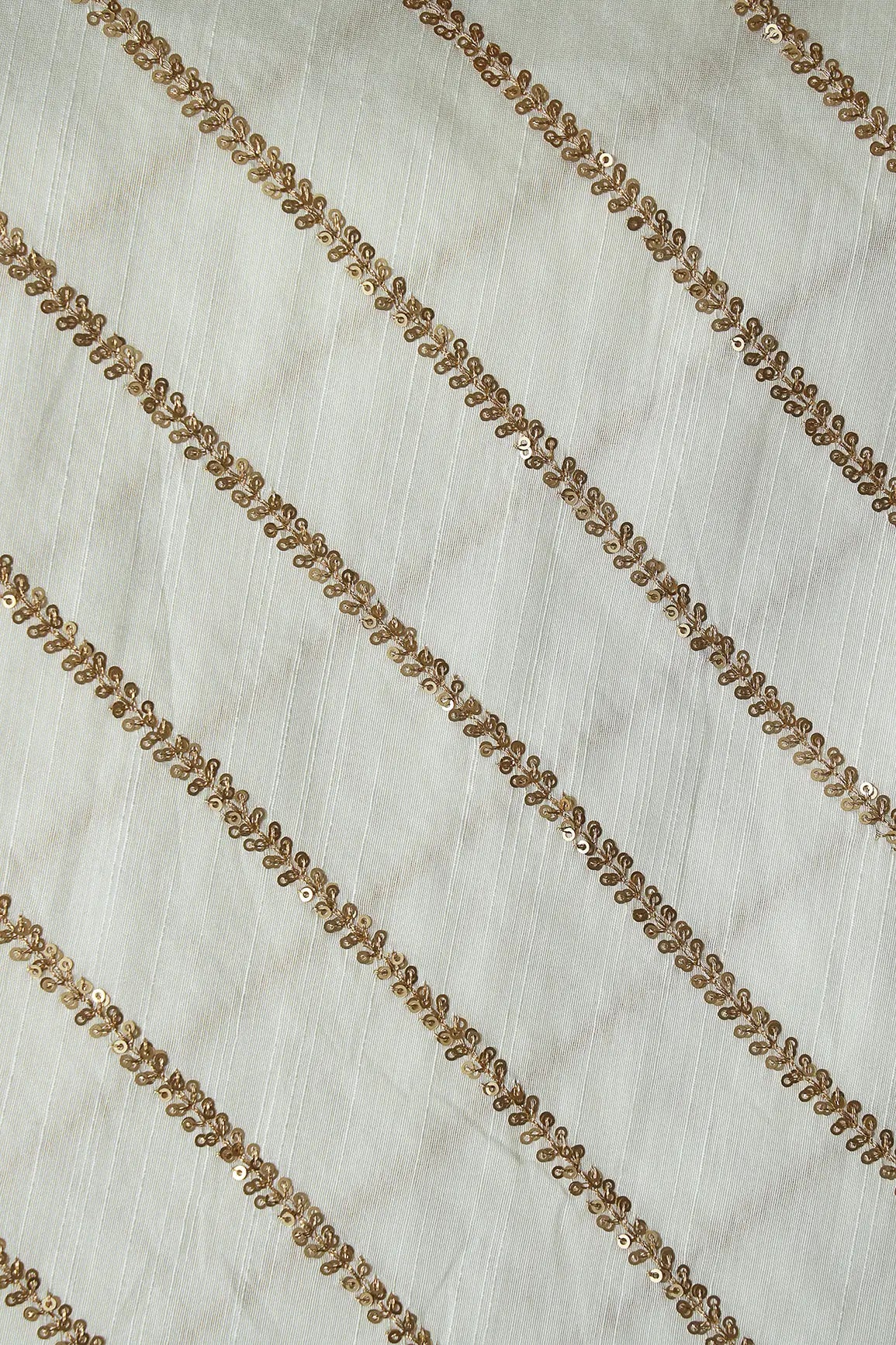 Gold Sequins With Gold Zari Stripes Embroidery Work On White Raw Silk Fabric