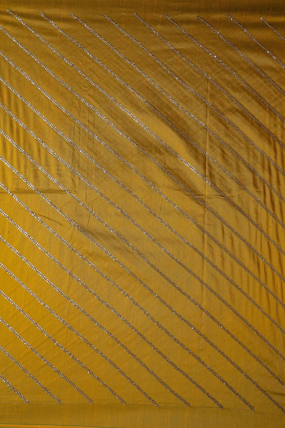 Gold Sequins With Gold Zari Stripes Embroidery Work On Dark Mustard Raw Silk Fabric