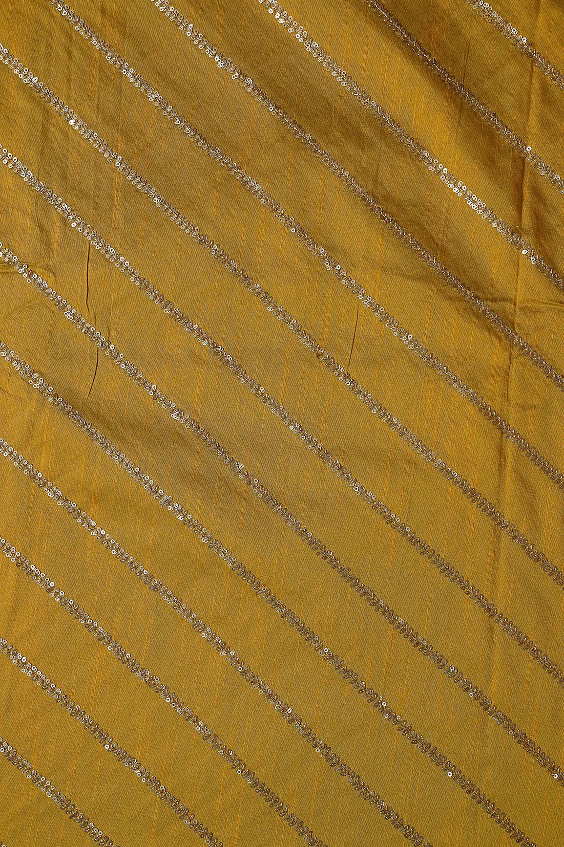 Gold Sequins With Gold Zari Stripes Embroidery Work On Dark Mustard Raw Silk Fabric