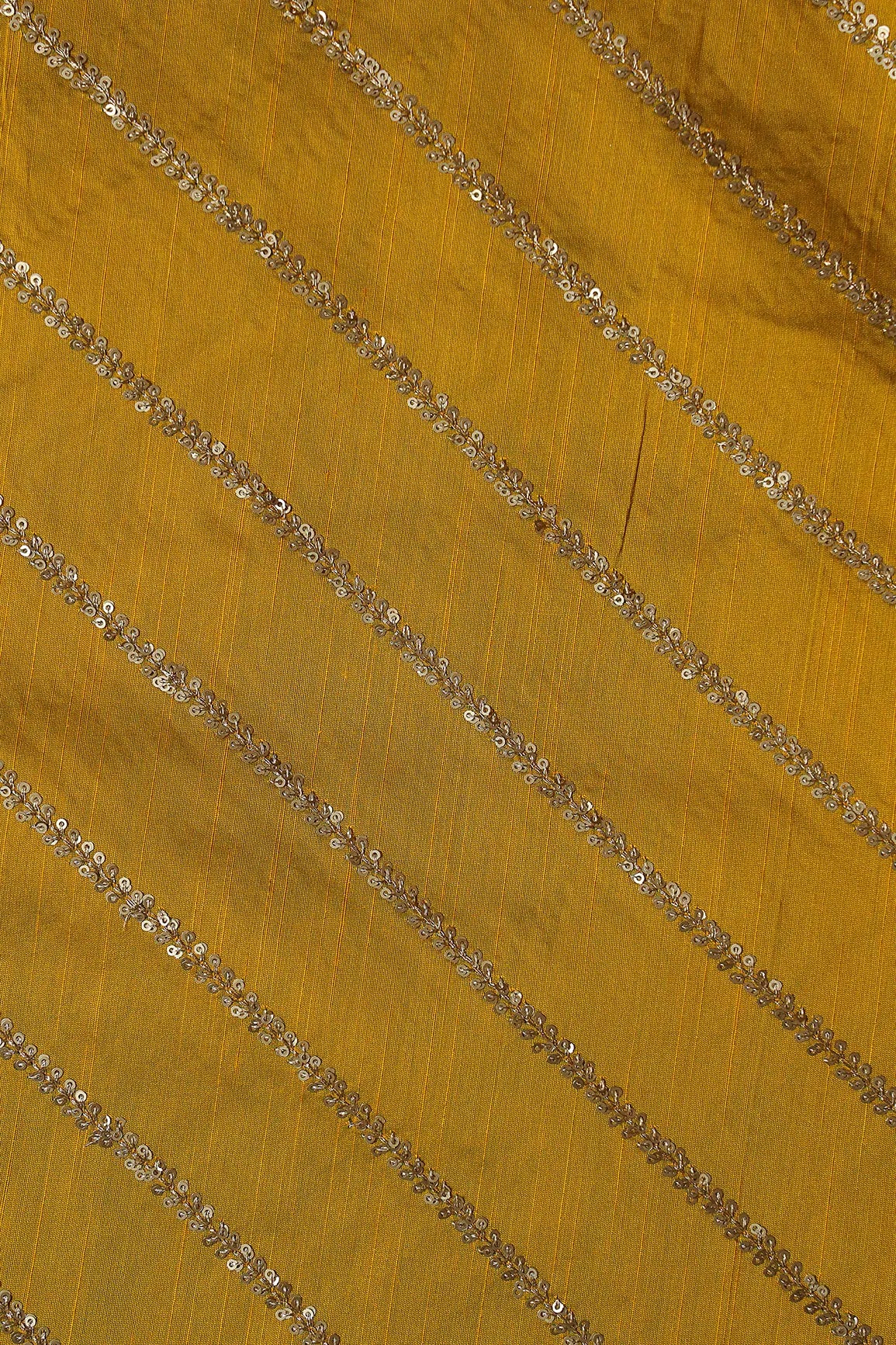 Gold Sequins With Gold Zari Stripes Embroidery Work On Dark Mustard Raw Silk Fabric