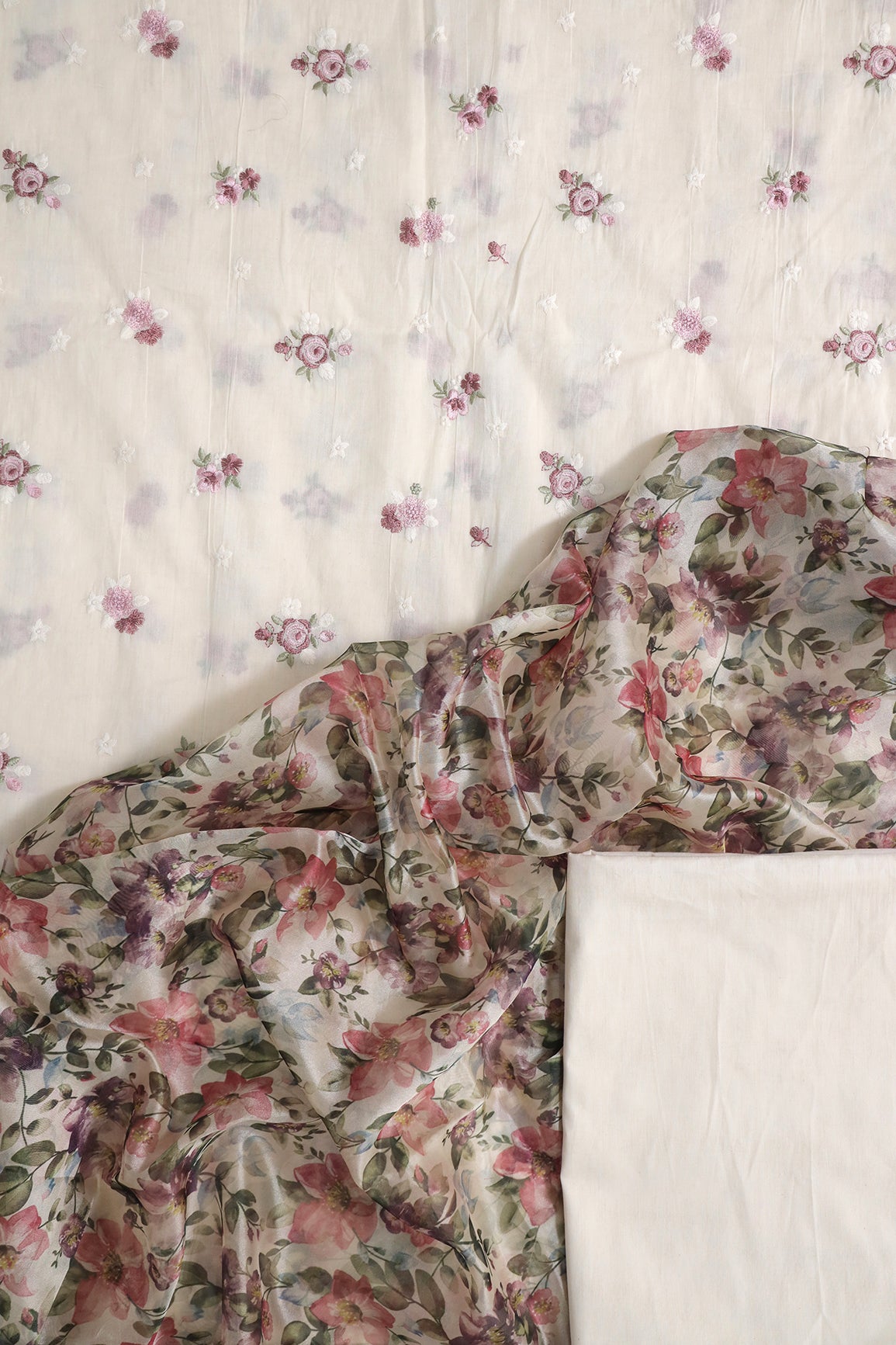 Mauve And White Floral Embroidery On Off White Unstitched Suit Set (3 Piece)