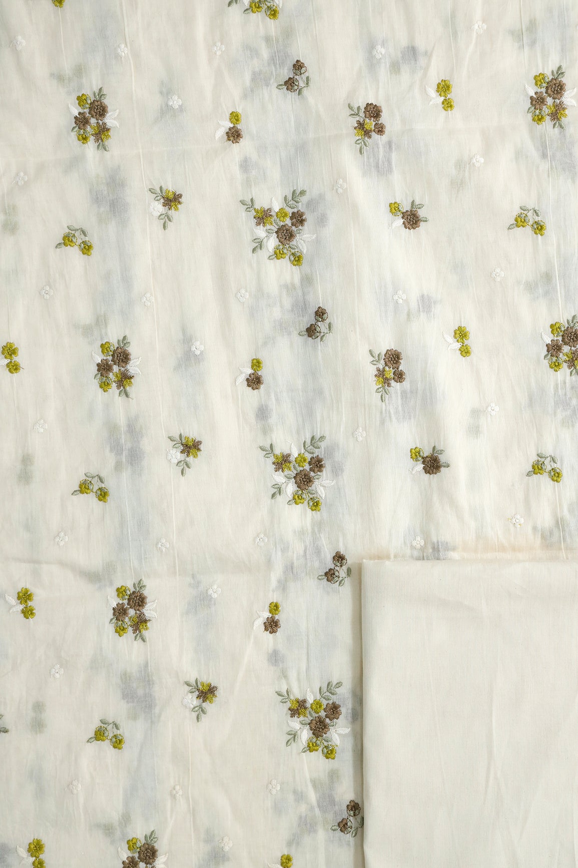 Brown And Yellow Floral Embroidery On Off White Unstitched Suit Set (2 Piece)