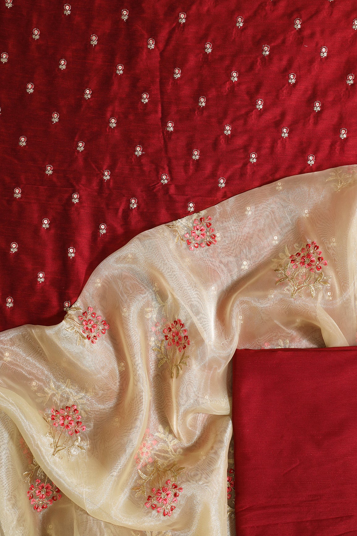 Gold Sequins Small Floral Booti Embroidery On Maroon Unstitched Suit Set (3 Piece)