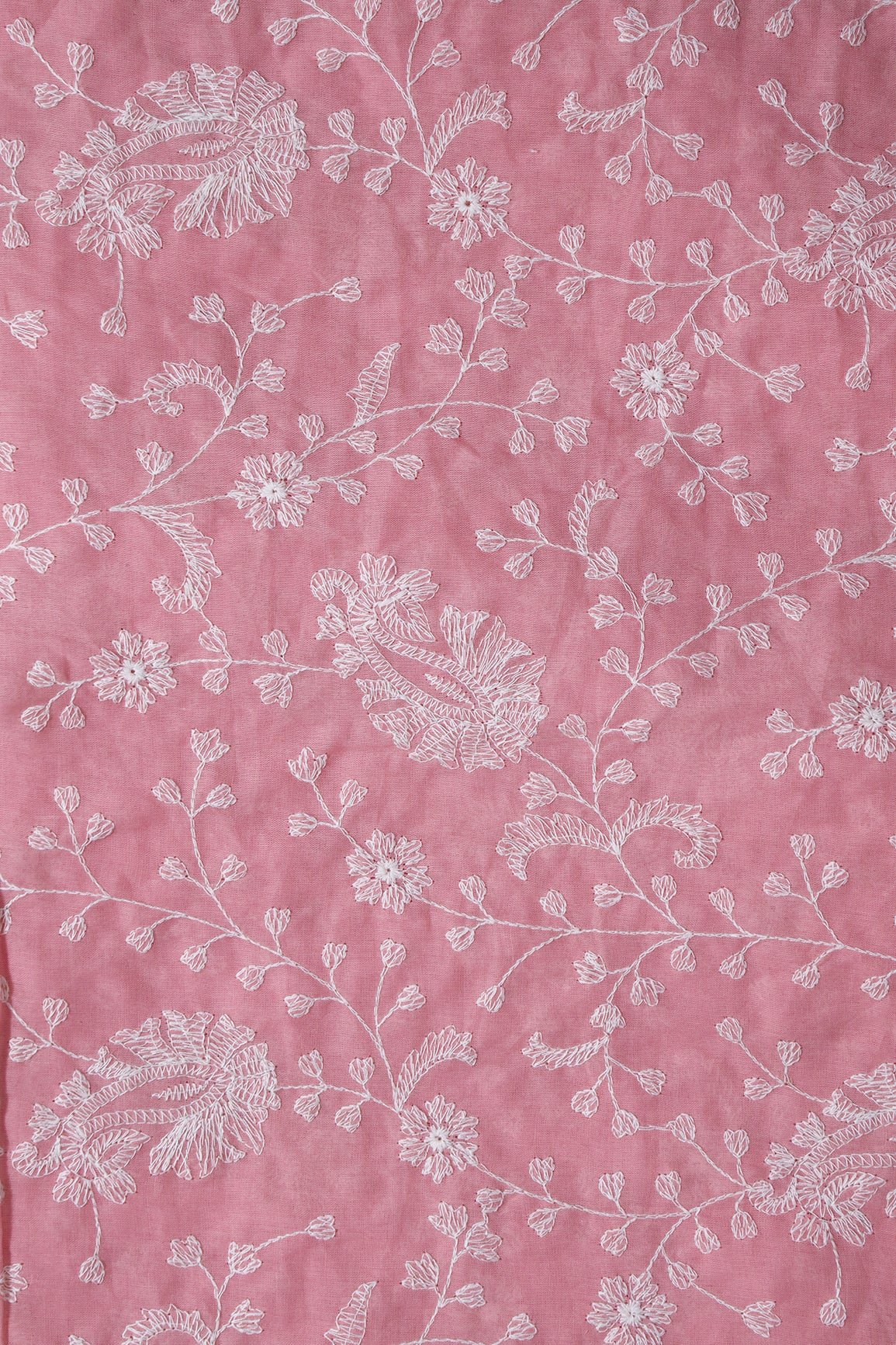 Beautiful White Thread Floral Paisley Embroidery On Pink Pure Mul Cotton Fabric