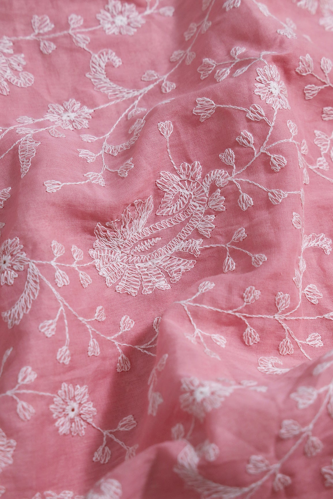 Beautiful White Thread Floral Paisley Embroidery On Pink Pure Mul Cotton Fabric