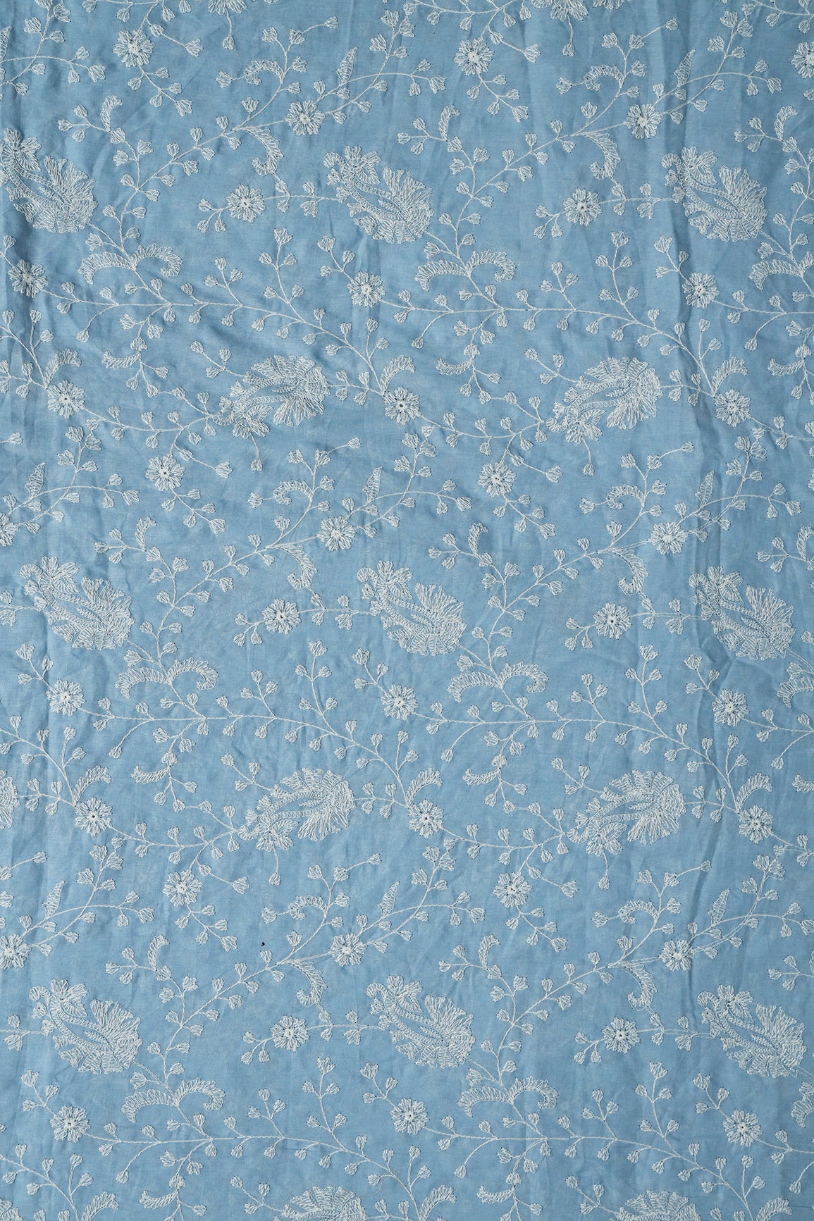 Beautiful White Thread Floral Paisley Embroidery On Blue Pure Mul Cotton Fabric