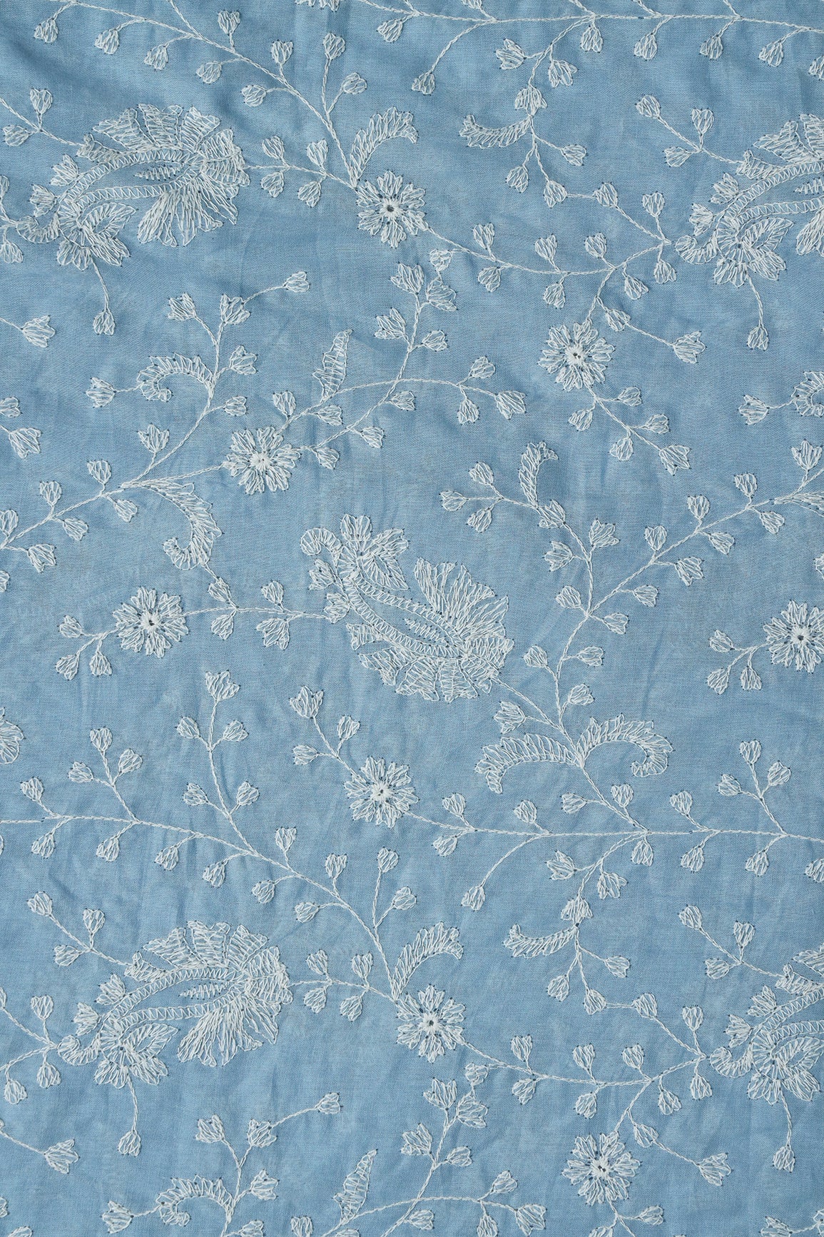 Beautiful White Thread Floral Paisley Embroidery On Blue Pure Mul Cotton Fabric