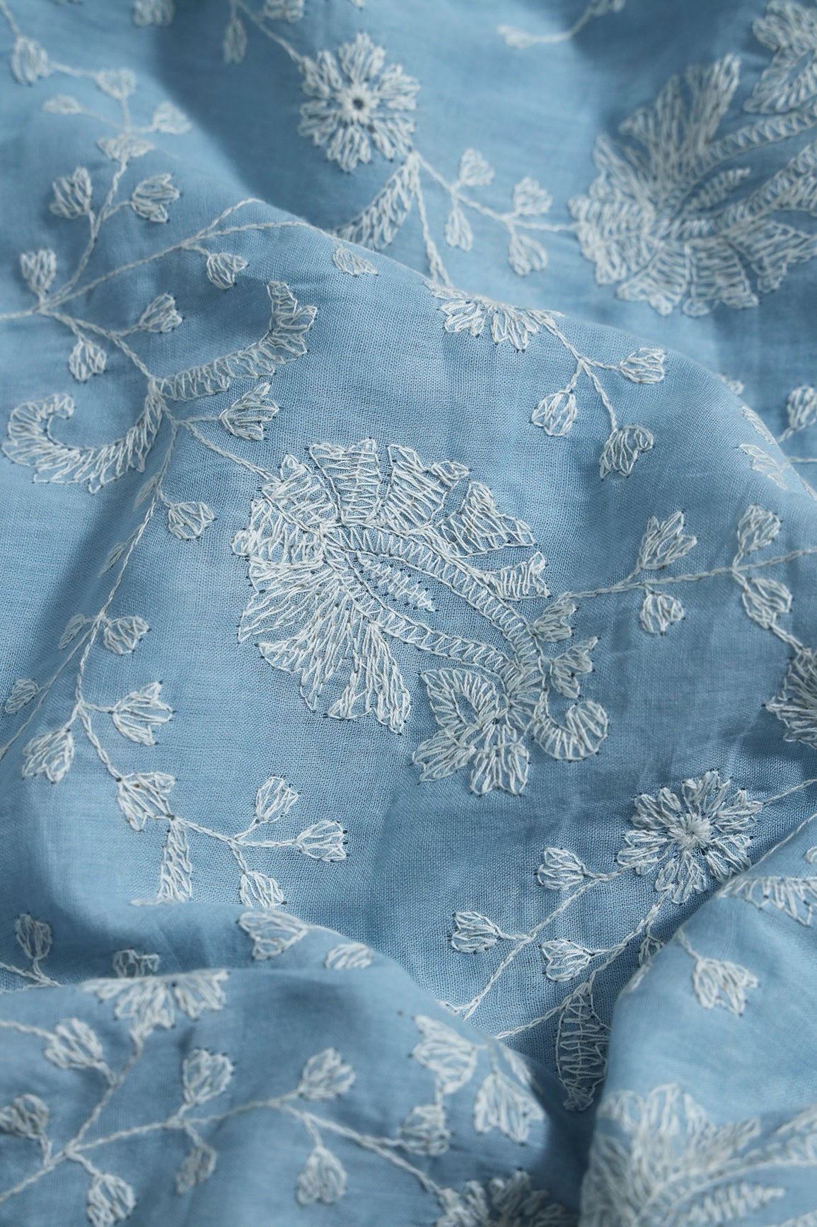 Beautiful White Thread Floral Paisley Embroidery On Blue Pure Mul Cotton Fabric