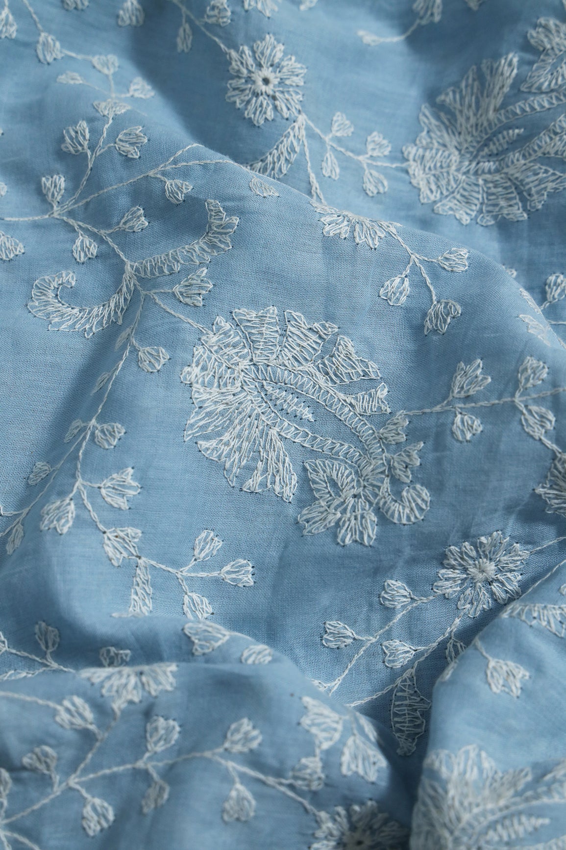 Beautiful White Thread Floral Paisley Embroidery On Blue Pure Mul Cotton Fabric