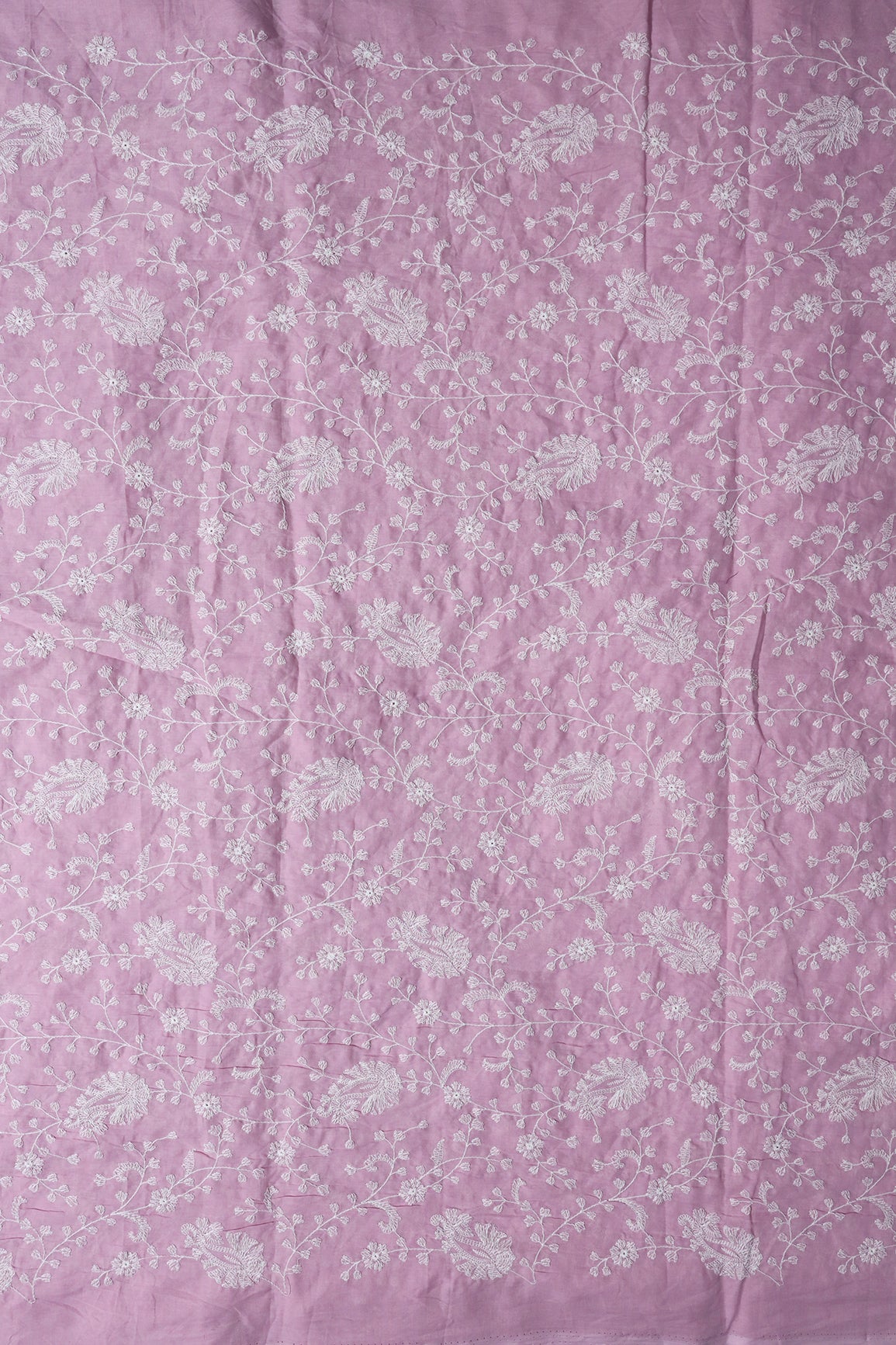 Beautiful White Thread Floral Paisley Embroidery On Lilac Pure Mul Cotton Fabric