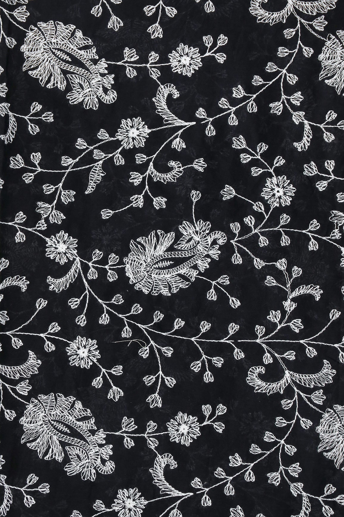 Beautiful White Thread Floral Paisley Embroidery On Black Pure Mul Cotton Fabric