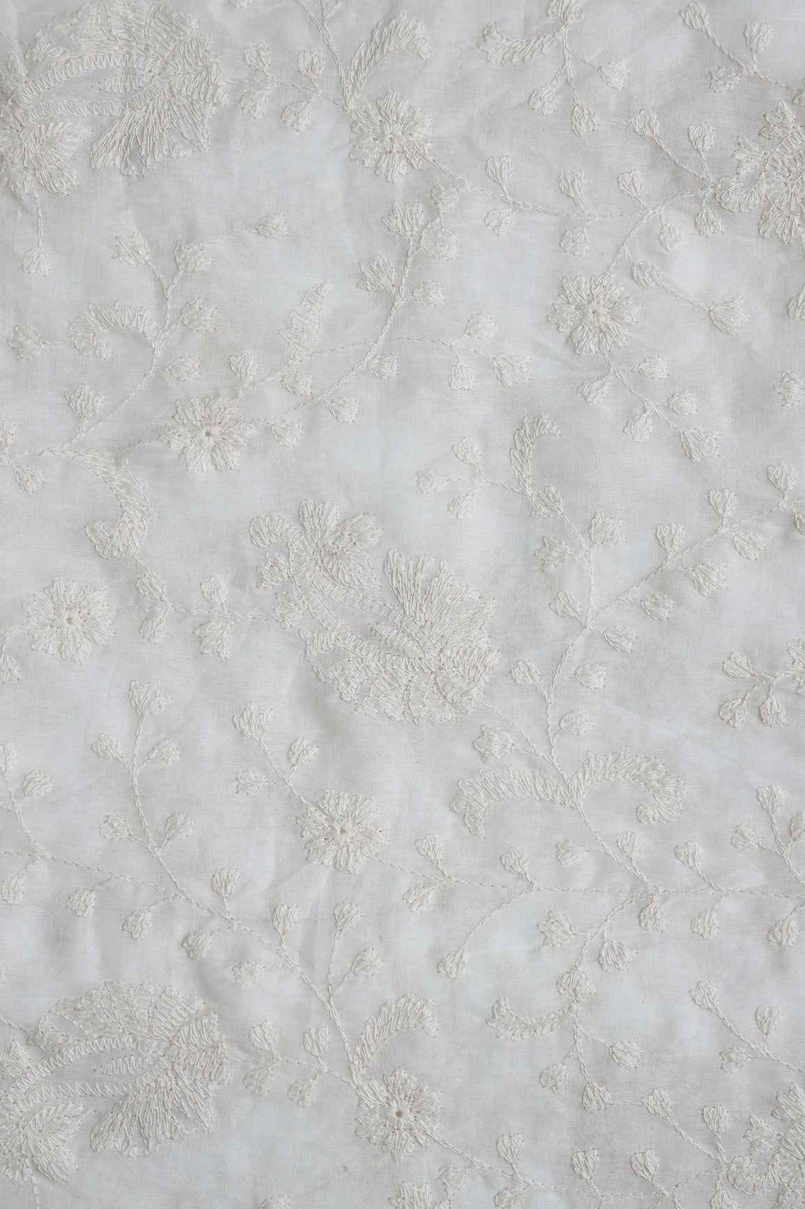 Beautiful White Thread Floral Paisley Embroidery On White Pure Mul Cotton Fabric