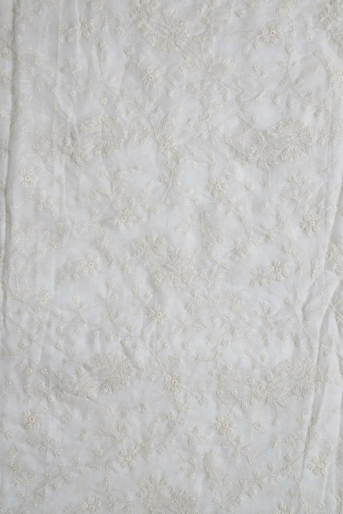 Beautiful White Thread Floral Paisley Embroidery On White Pure Mul Cotton Fabric