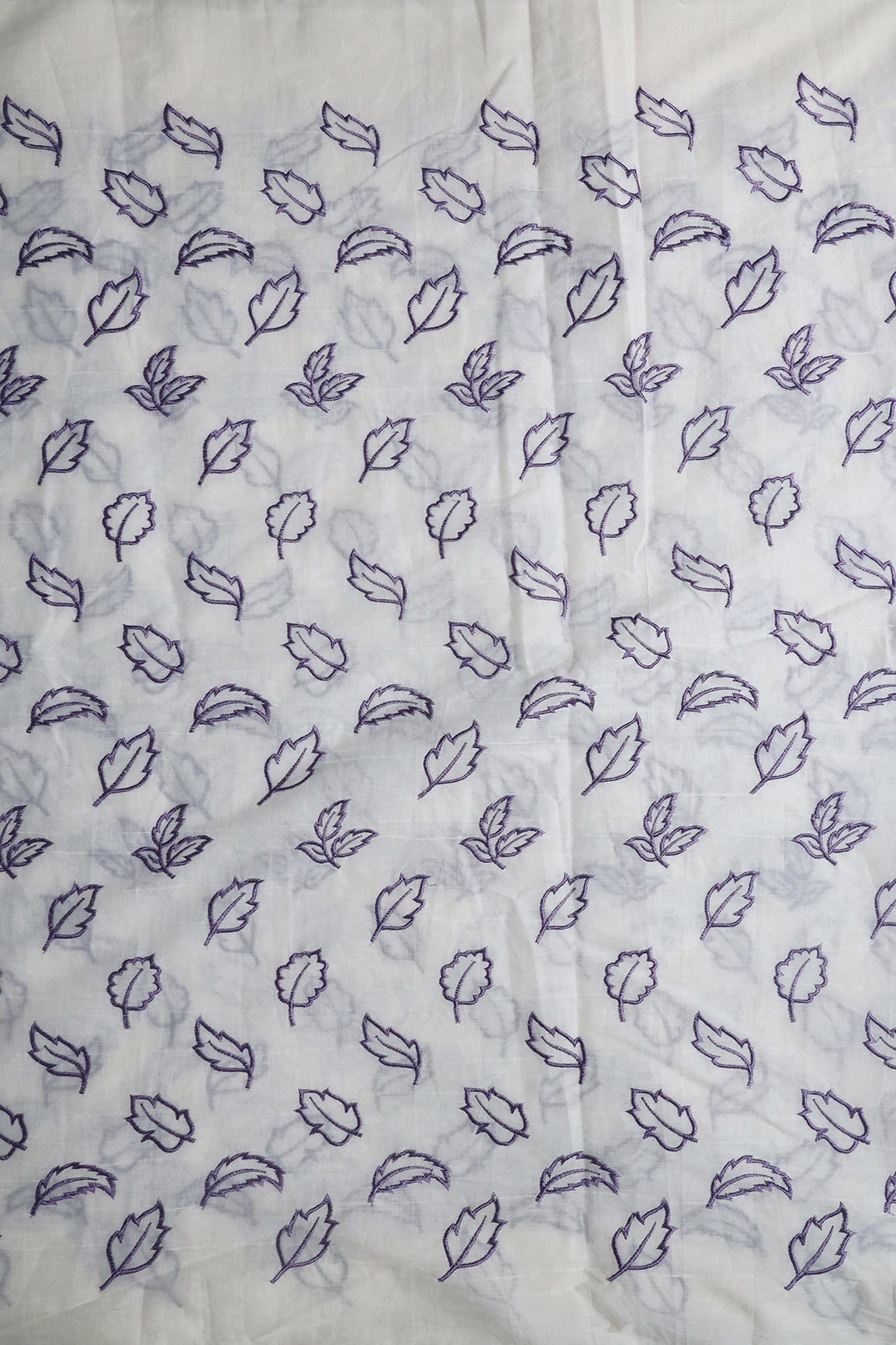 Beautiful Lavender Leafy Embroidery On Off White Organic Cotton Fabric