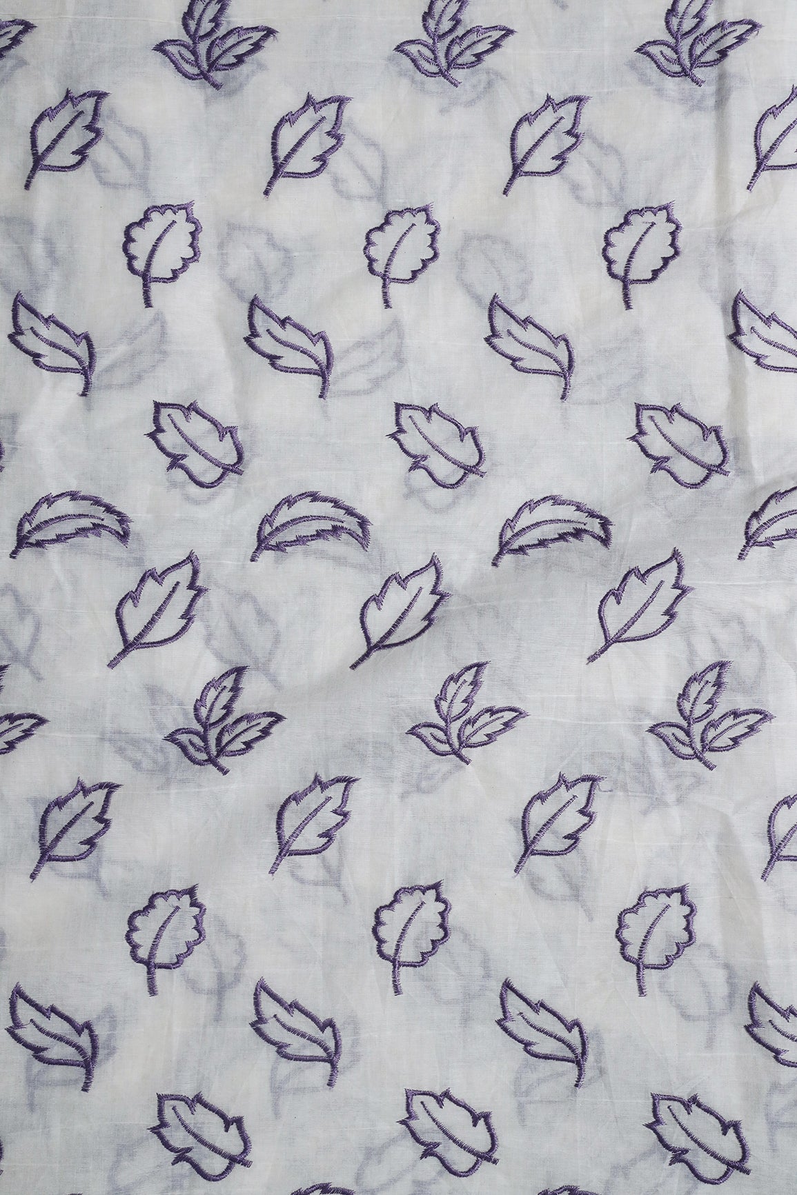 Beautiful Lavender Leafy Embroidery On Off White Organic Cotton Fabric