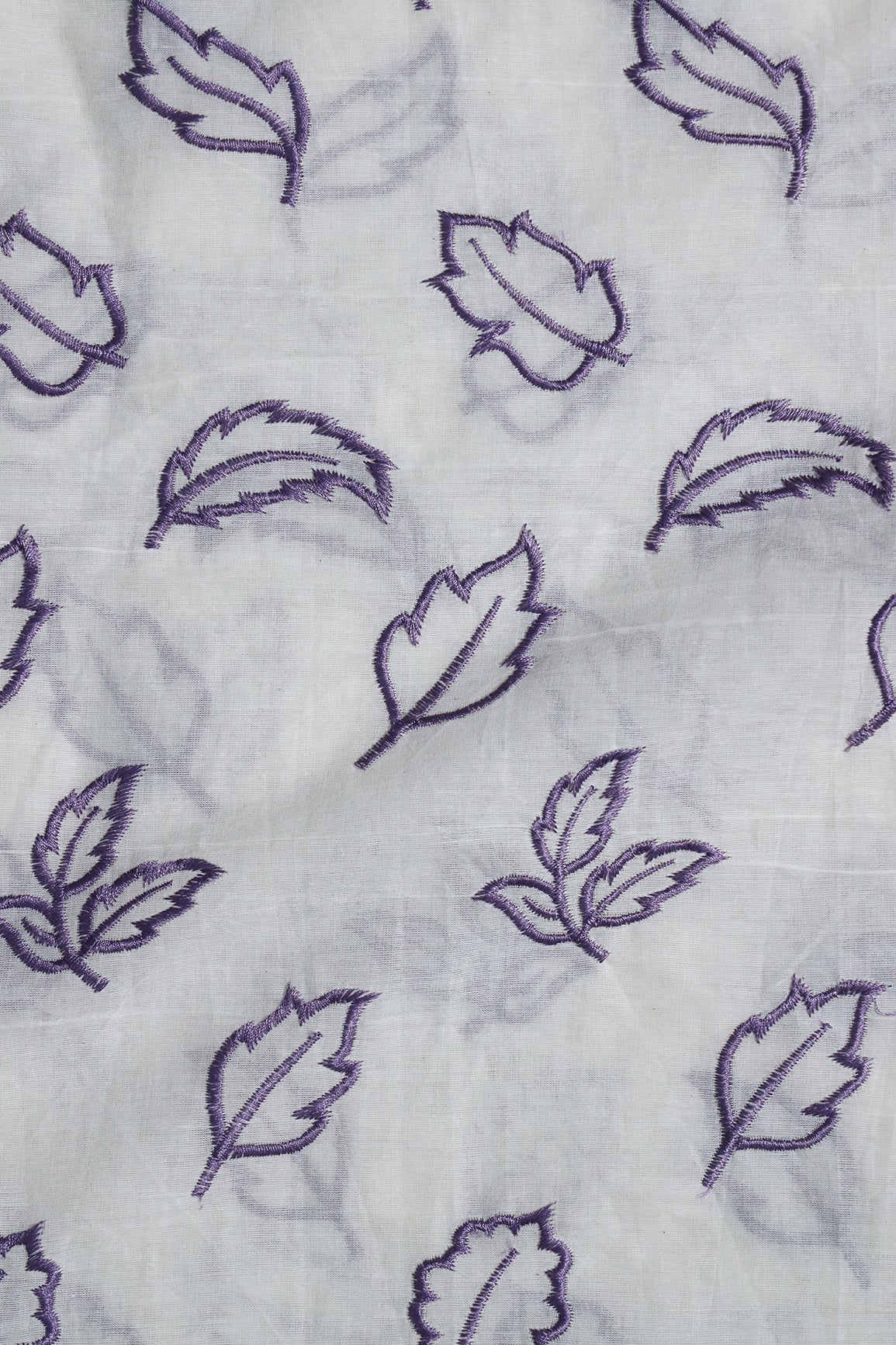 Beautiful Lavender Leafy Embroidery On Off White Organic Cotton Fabric