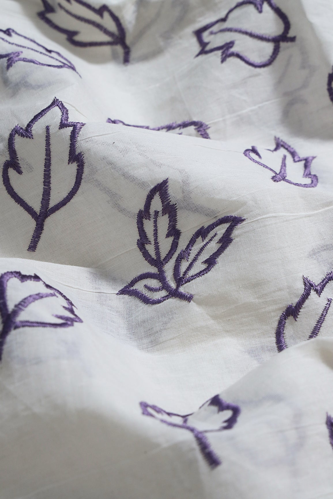 Beautiful Lavender Leafy Embroidery On Off White Organic Cotton Fabric