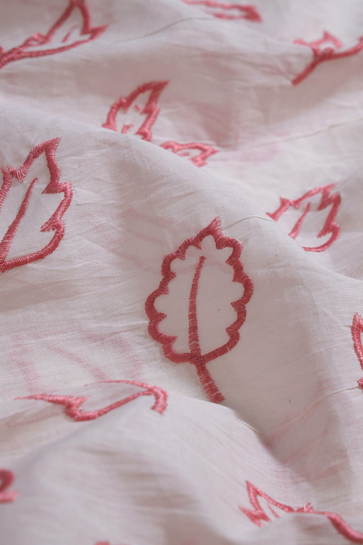 Beautiful Pink Leafy Embroidery On Off White Organic Cotton Fabric