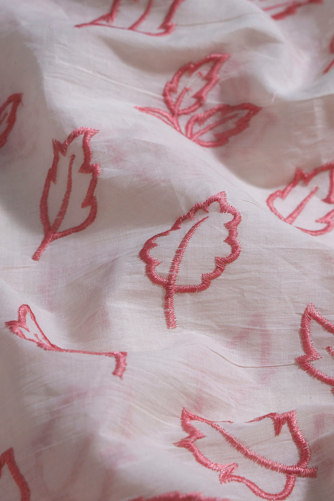 Beautiful Pink Leafy Embroidery On Off White Organic Cotton Fabric