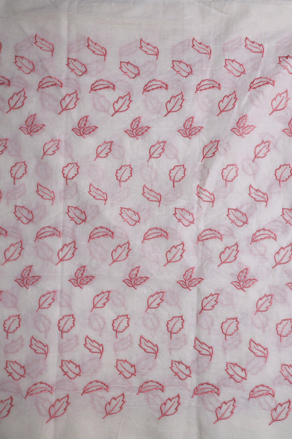 Beautiful Pink Leafy Embroidery On Off White Organic Cotton Fabric