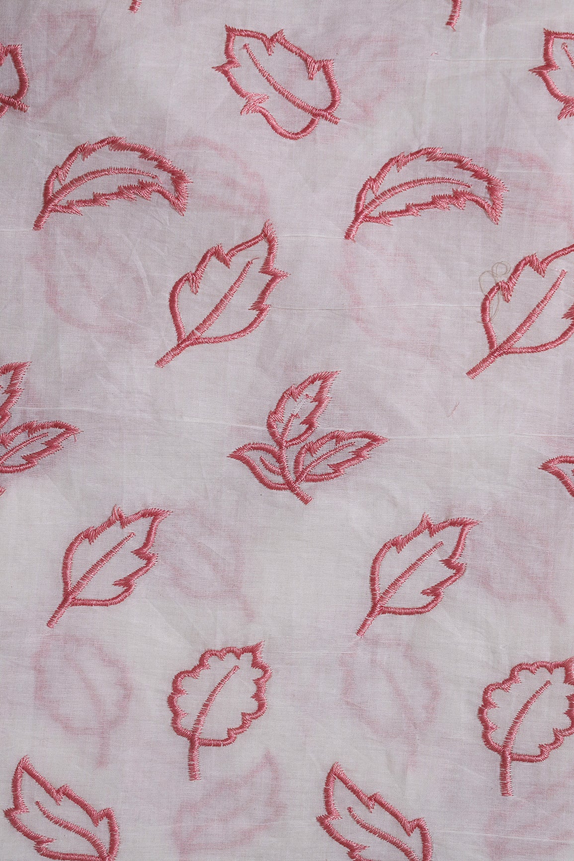 Beautiful Pink Leafy Embroidery On Off White Organic Cotton Fabric