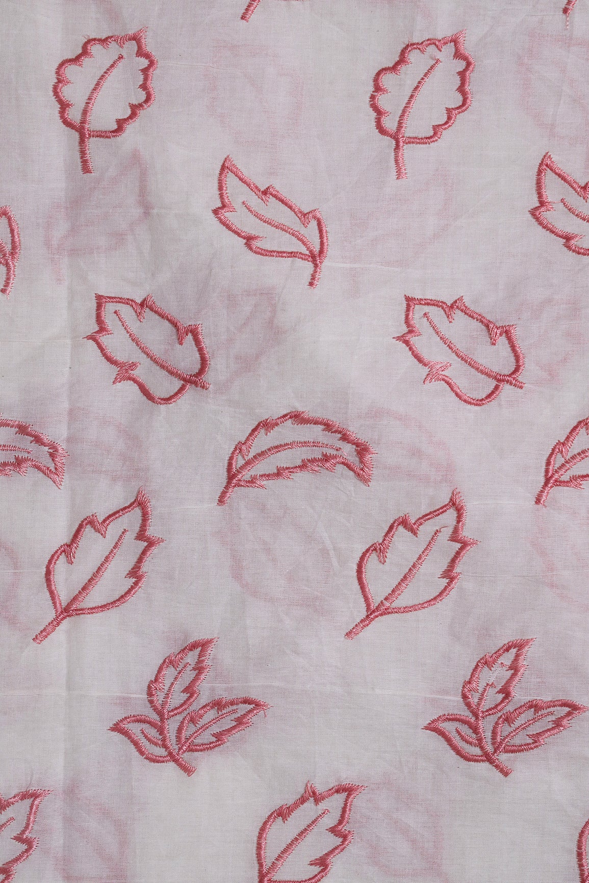 Beautiful Pink Leafy Embroidery On Off White Organic Cotton Fabric