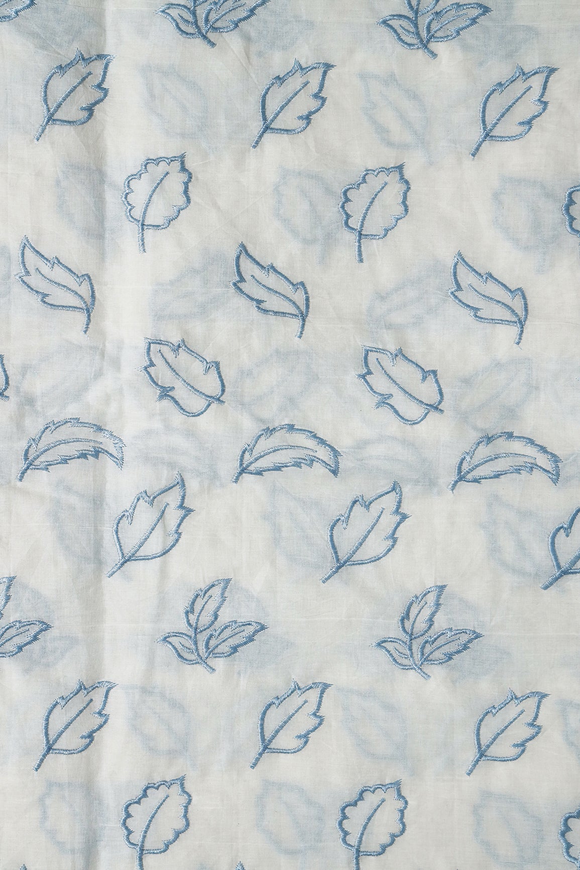 Beautiful Blue Leafy Embroidery On Off White Organic Cotton Fabric