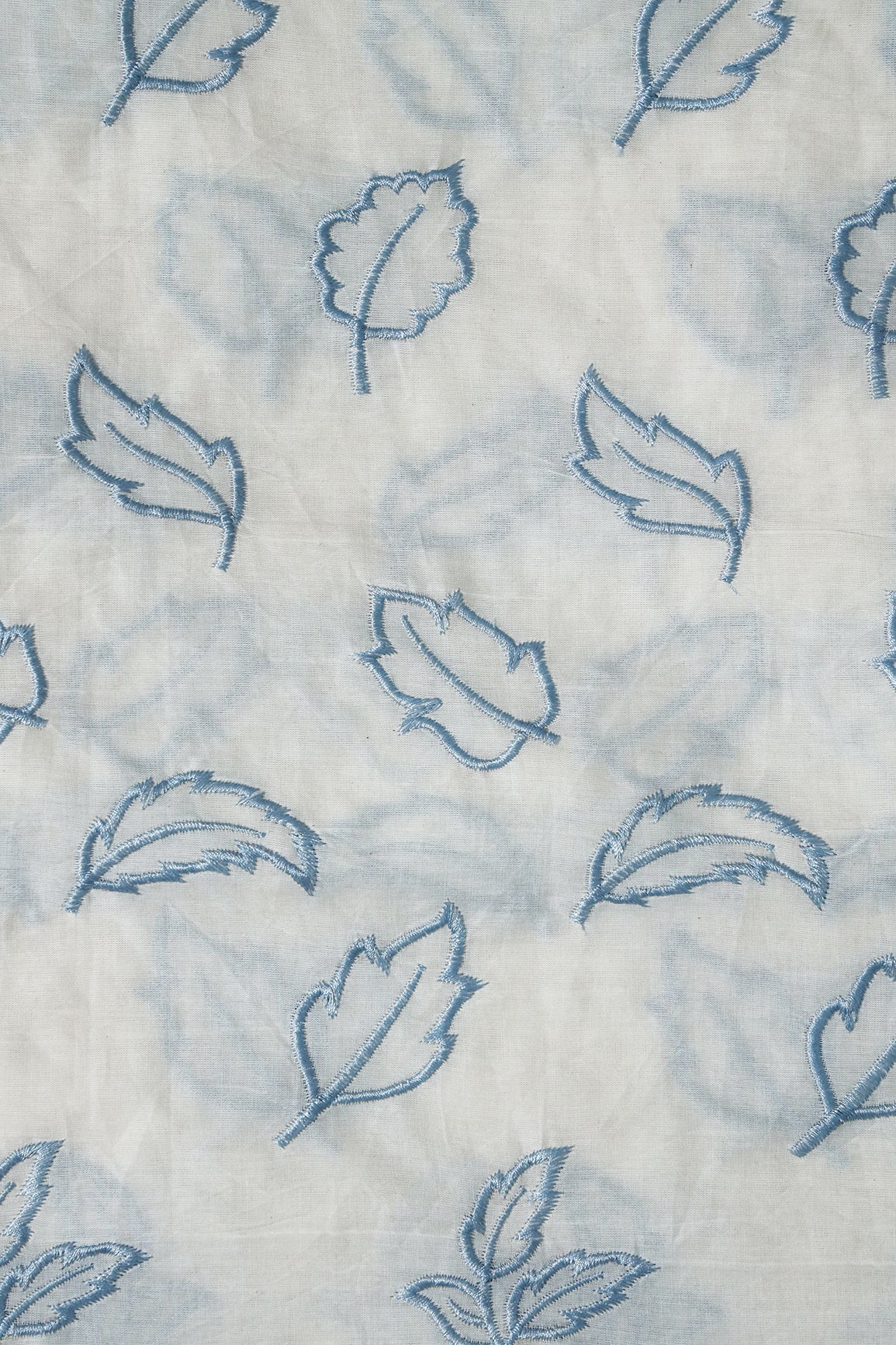 Beautiful Blue Leafy Embroidery On Off White Organic Cotton Fabric