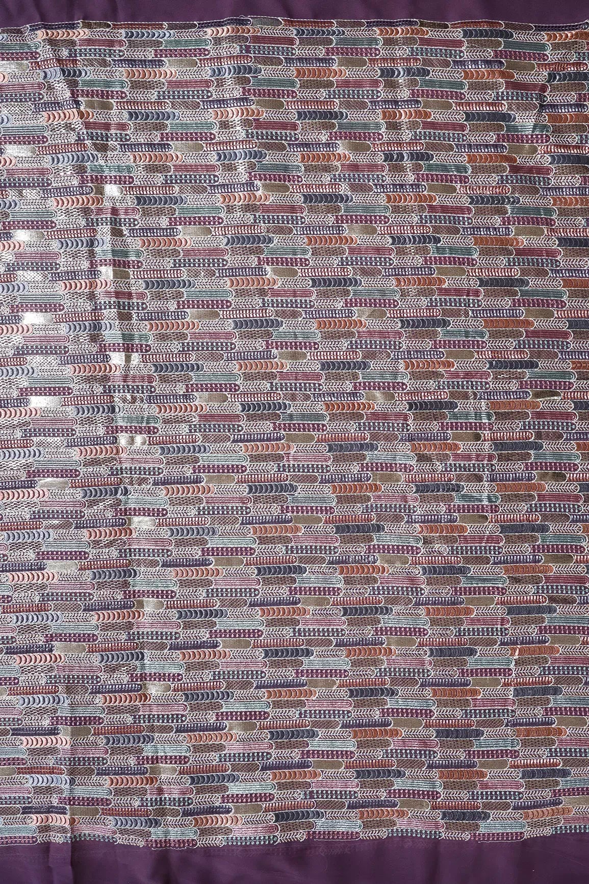 Multi Color Pastel Thread With Sequins Geometric Embroidery Work On Purple Georgette Fabric