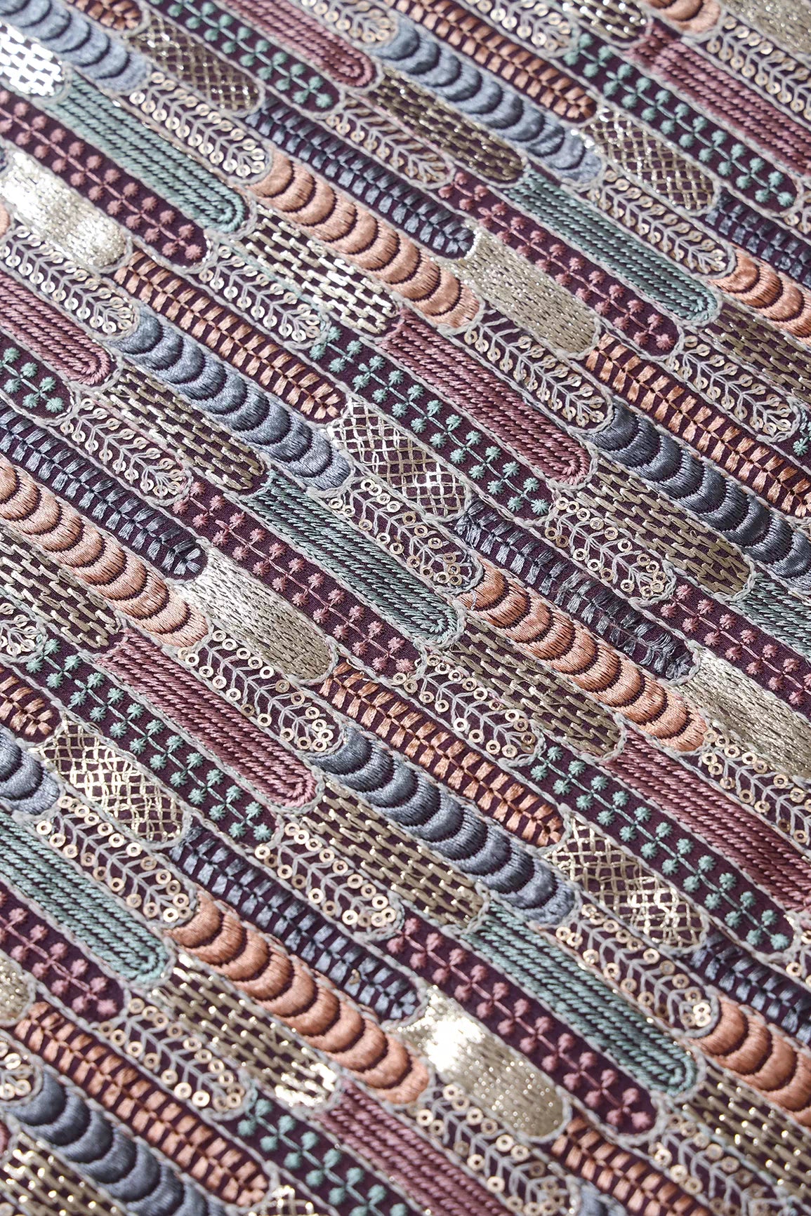 Multi Color Pastel Thread With Sequins Geometric Embroidery Work On Purple Georgette Fabric