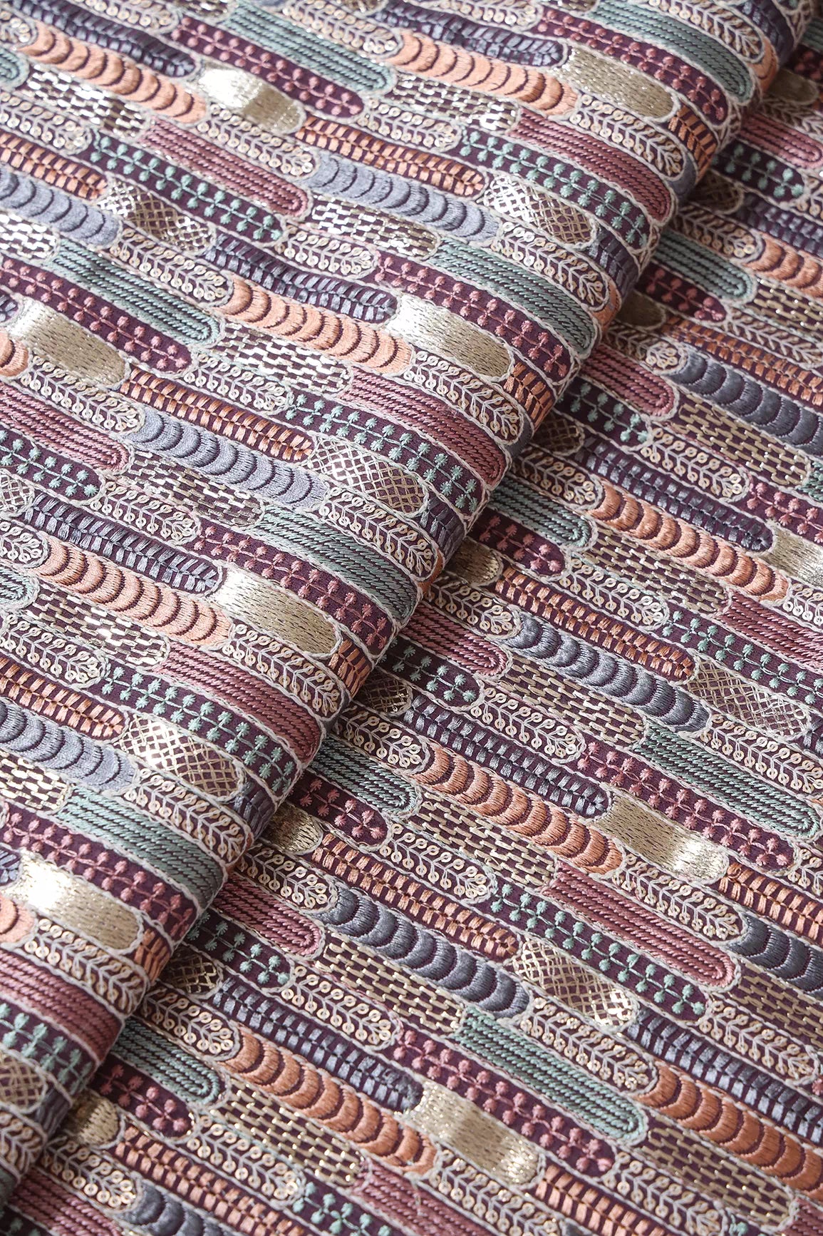Multi Color Pastel Thread With Sequins Geometric Embroidery Work On Purple Georgette Fabric