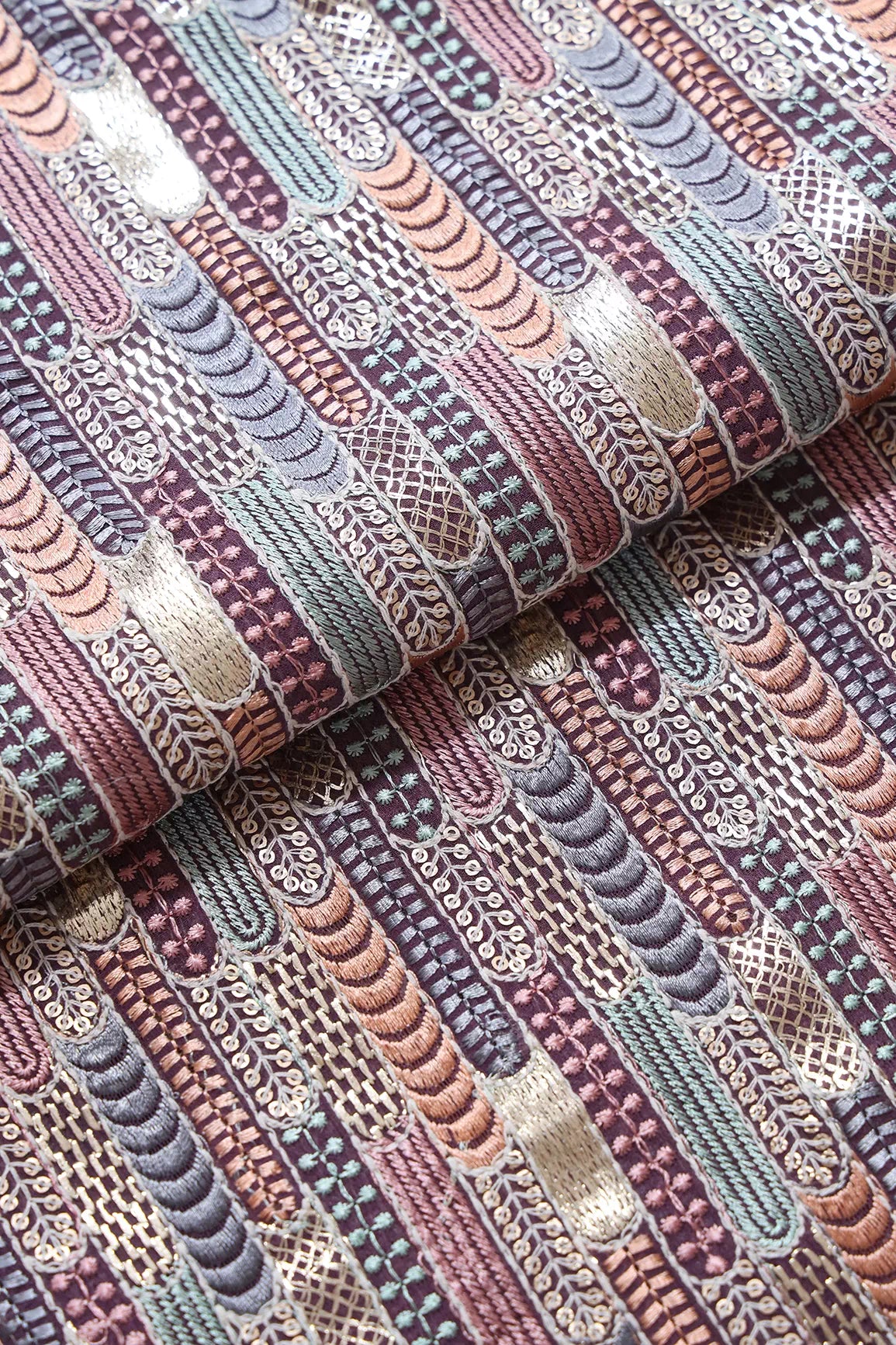 Multi Color Pastel Thread With Sequins Geometric Embroidery Work On Purple Georgette Fabric