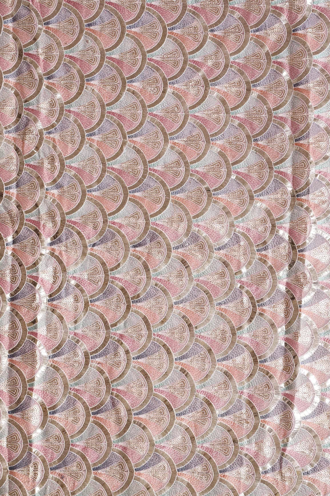 Multi Color Pastel Thread With Sequins Ogee Embroidery Work On Light Pink Georgette Fabric