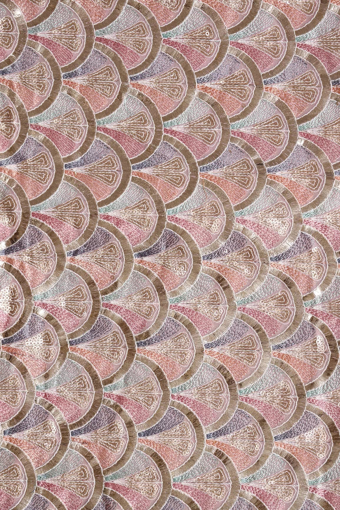 Multi Color Pastel Thread With Sequins Ogee Embroidery Work On Light Pink Georgette Fabric