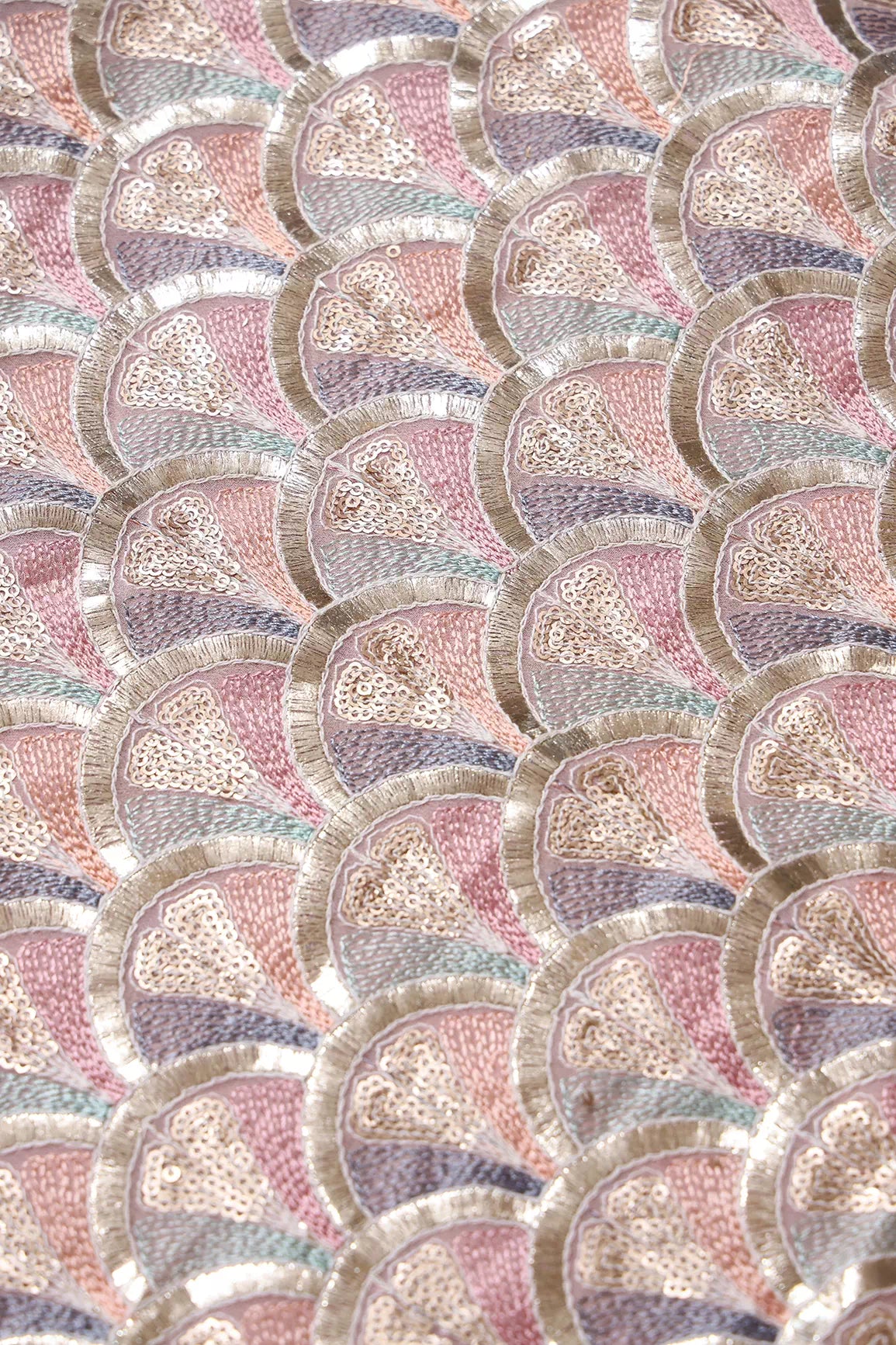 Multi Color Pastel Thread With Sequins Ogee Embroidery Work On Light Pink Georgette Fabric
