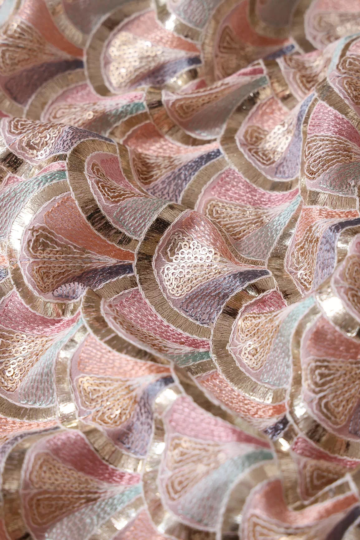 Multi Color Pastel Thread With Sequins Ogee Embroidery Work On Light Pink Georgette Fabric